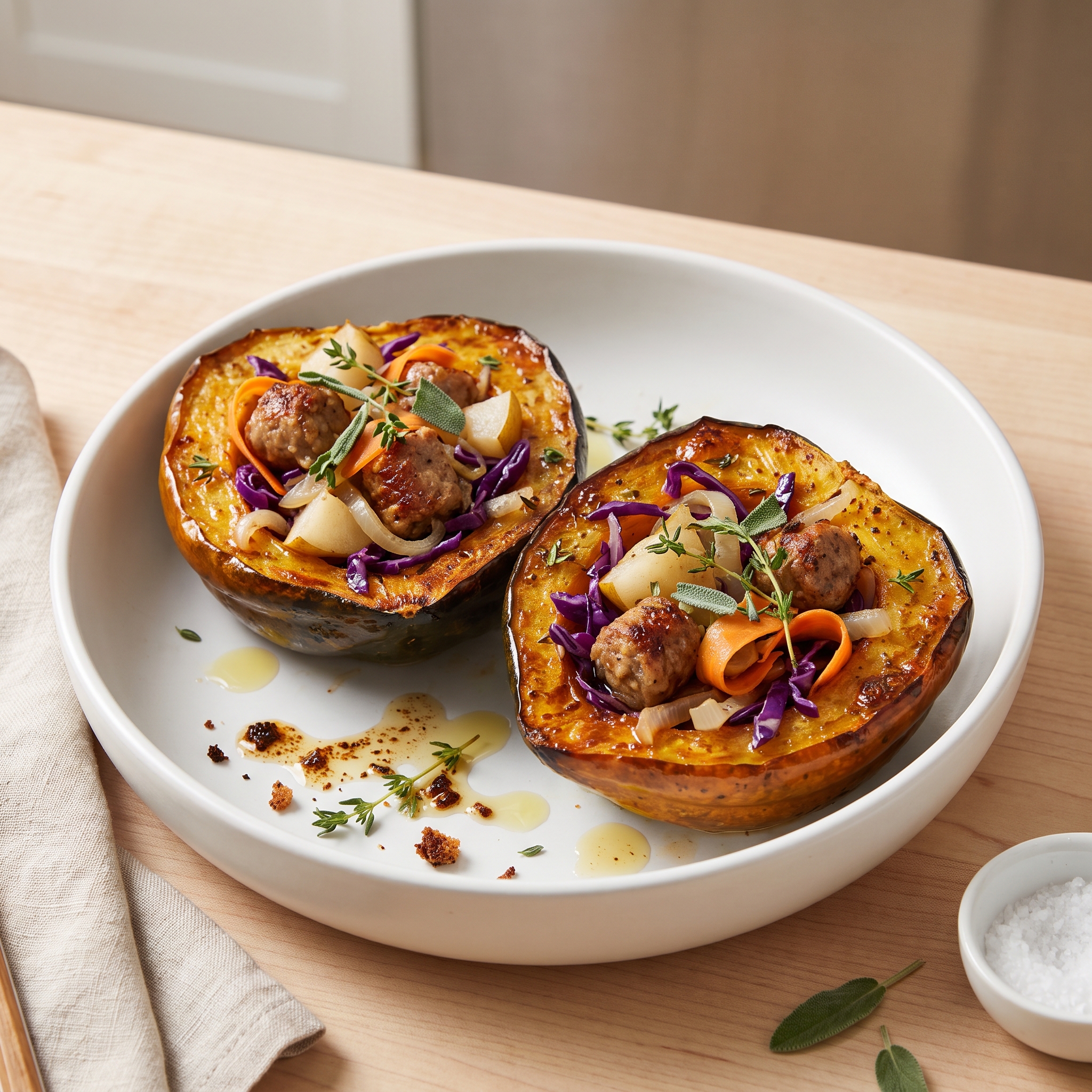 Acorn Squash Filled with Sausage and Pear