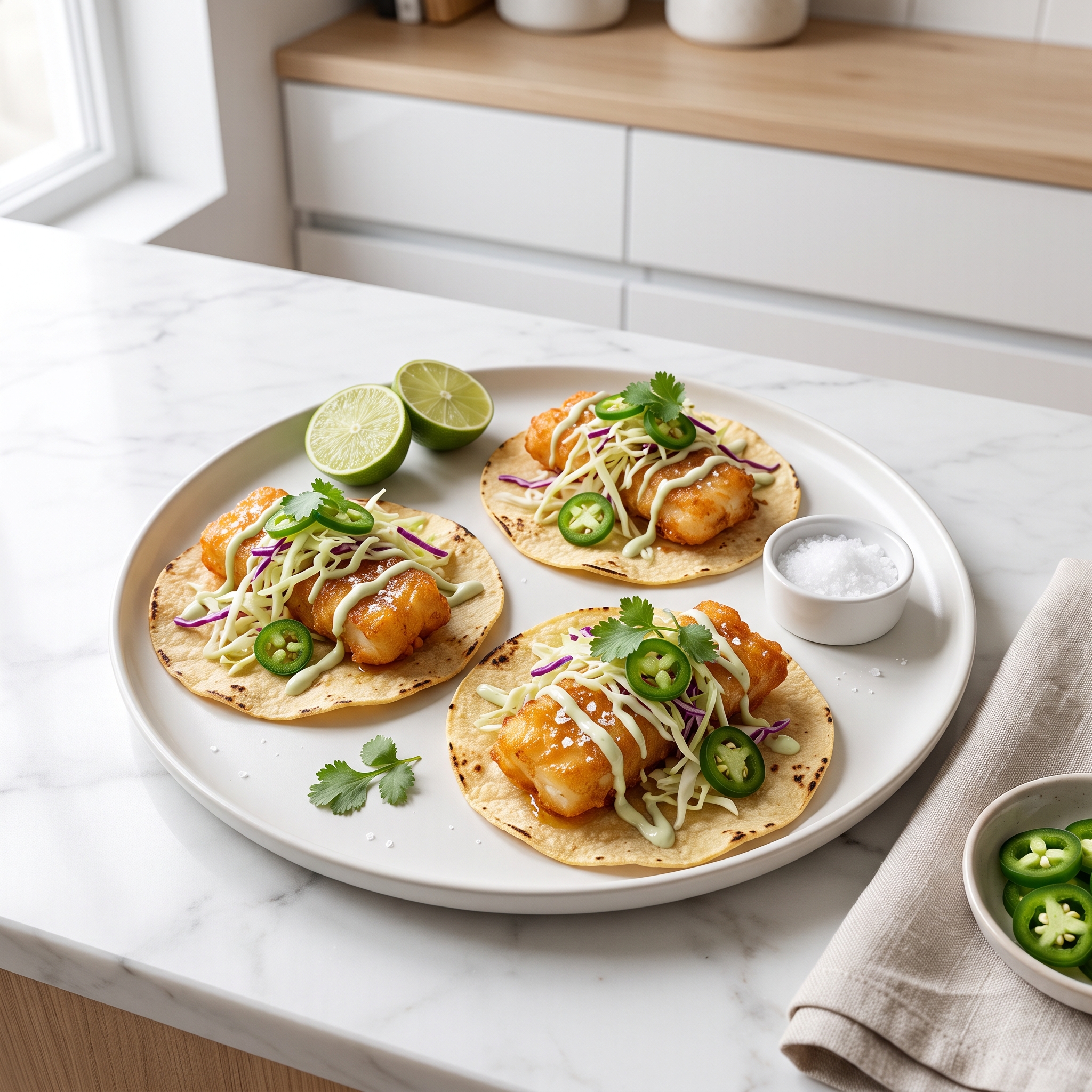 Air-Fried Crunchy Fish Tacos with Lime Slaw