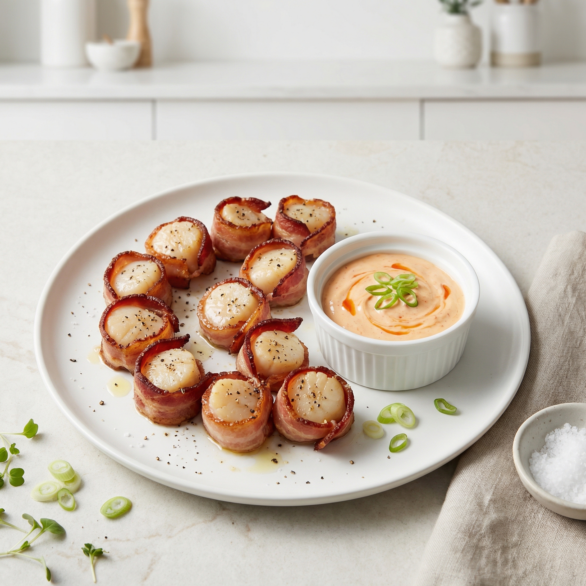 Air Fryer Bacon-Wrapped Scallops with Sriracha Mayo