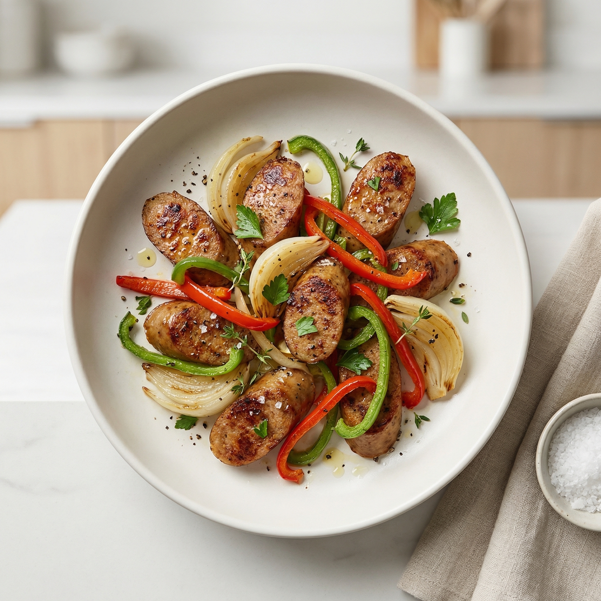 Air-Fried Beyond Brats with Onions and Peppers