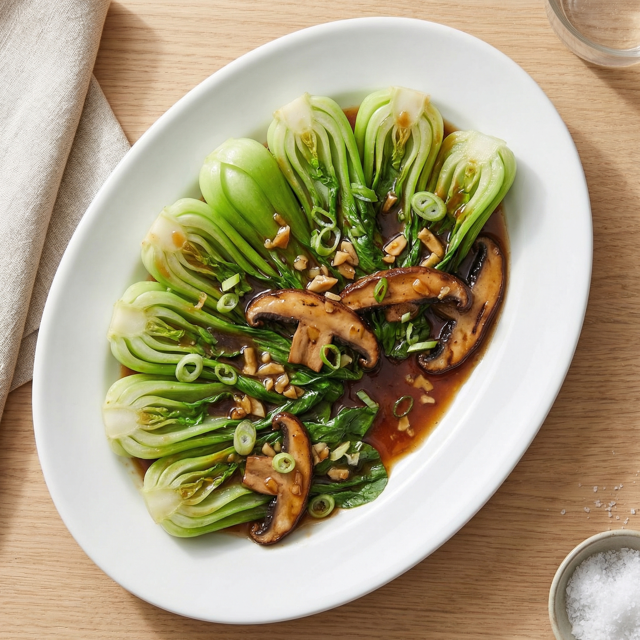 Baby Bok Choy with Savory Mushroom–Oyster Sauce (Chinese Style)