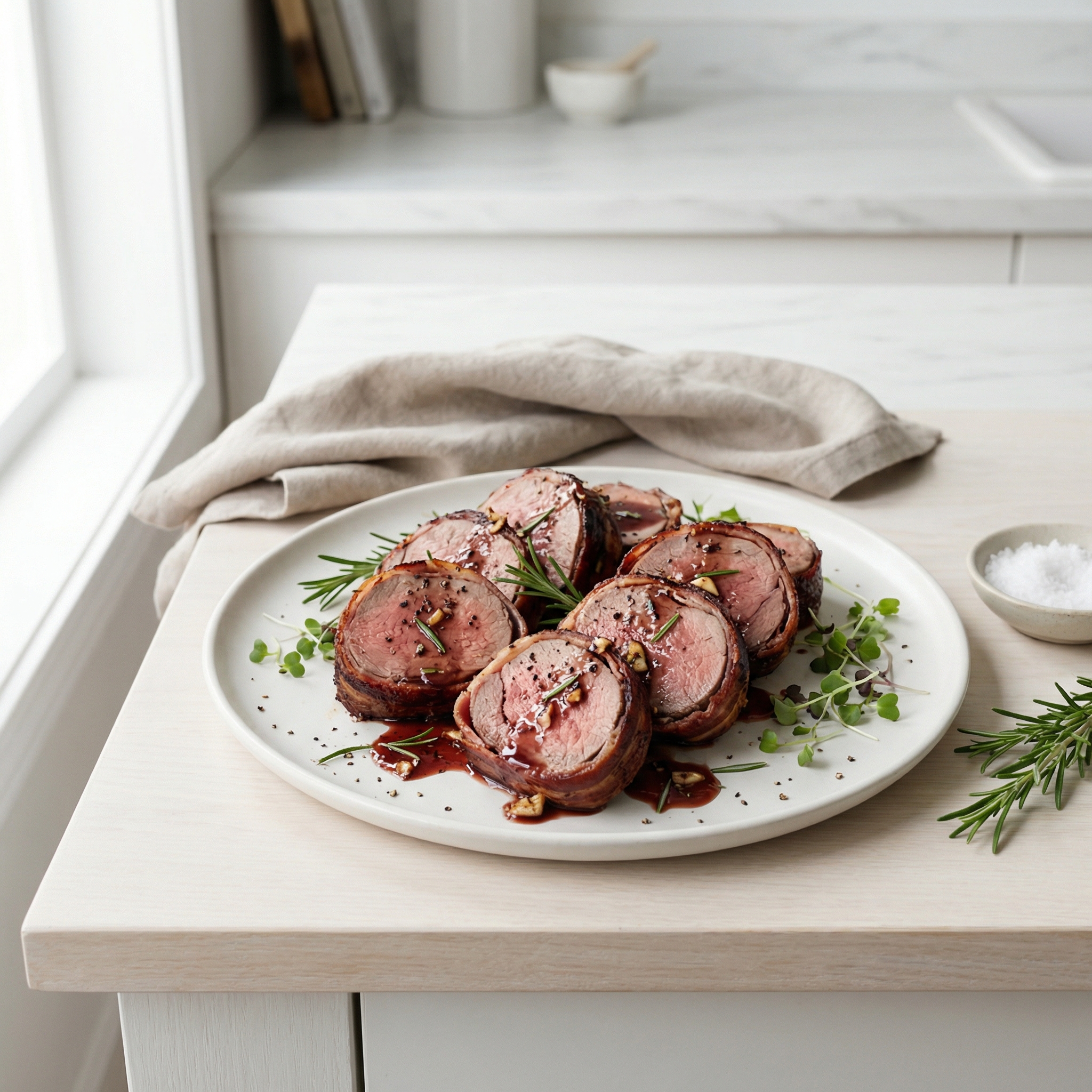 Bacon-Clad Roast Leg of Lamb with Red Wine Pan Sauce