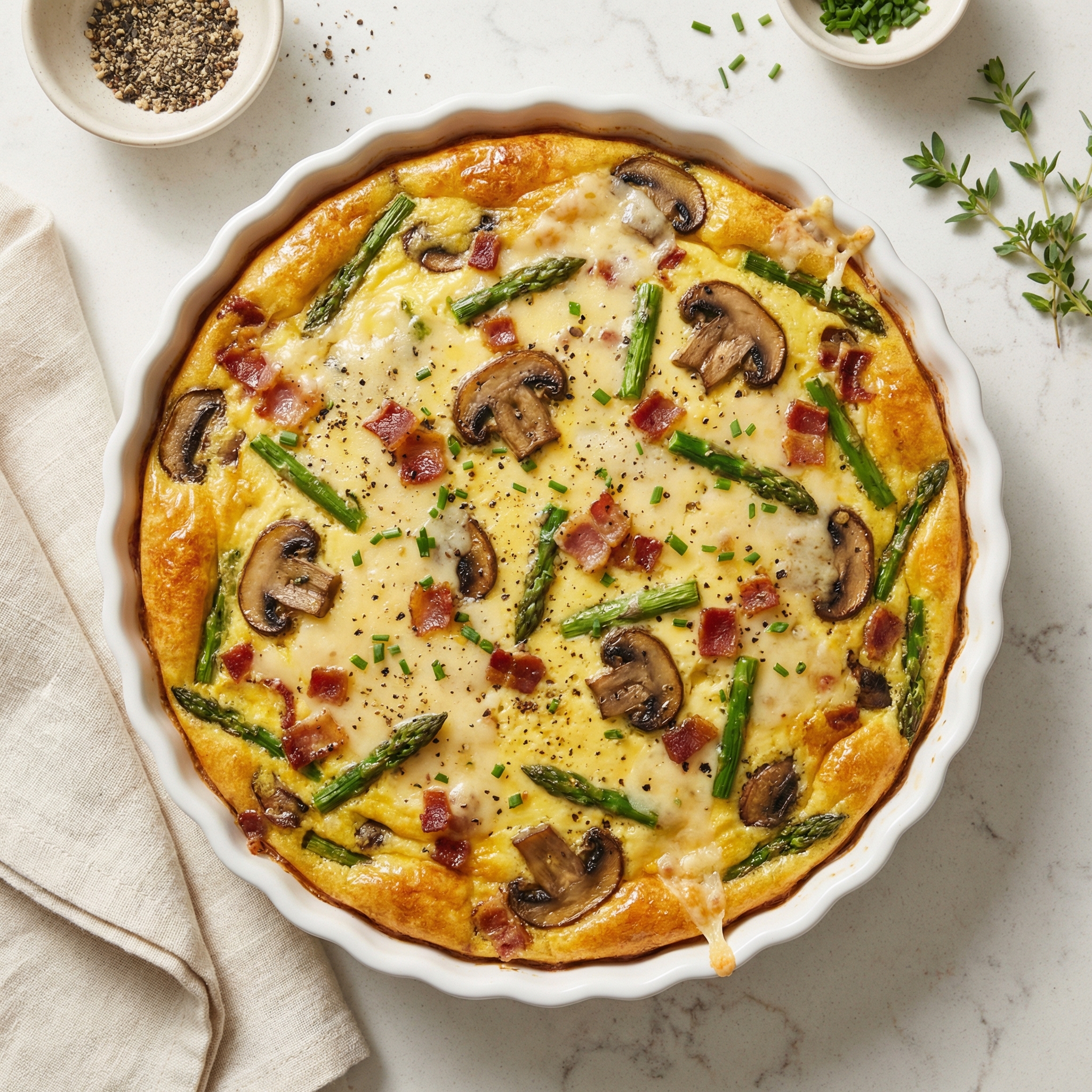 Crustless Quiche with Asparagus, Mushrooms, and Bacon