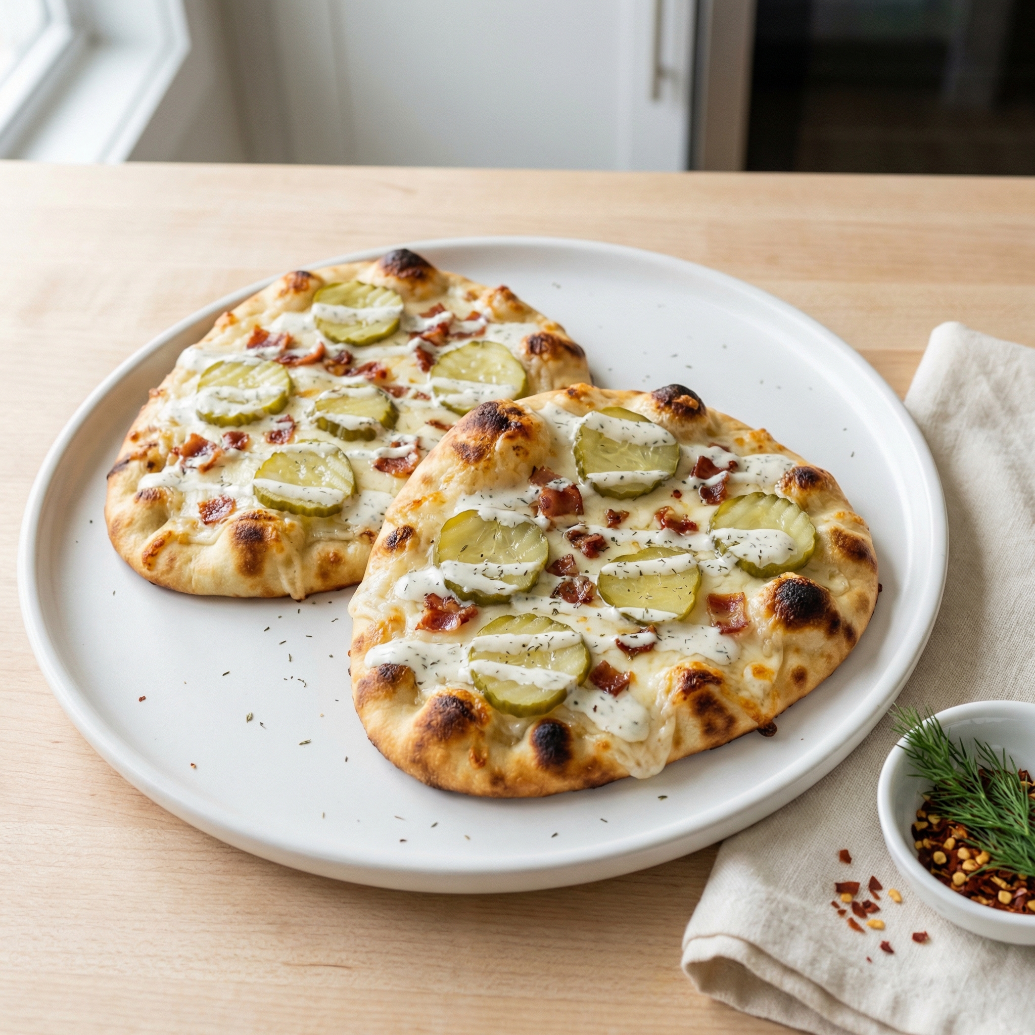 Bacon and Dill Pickle Naan Pizzas