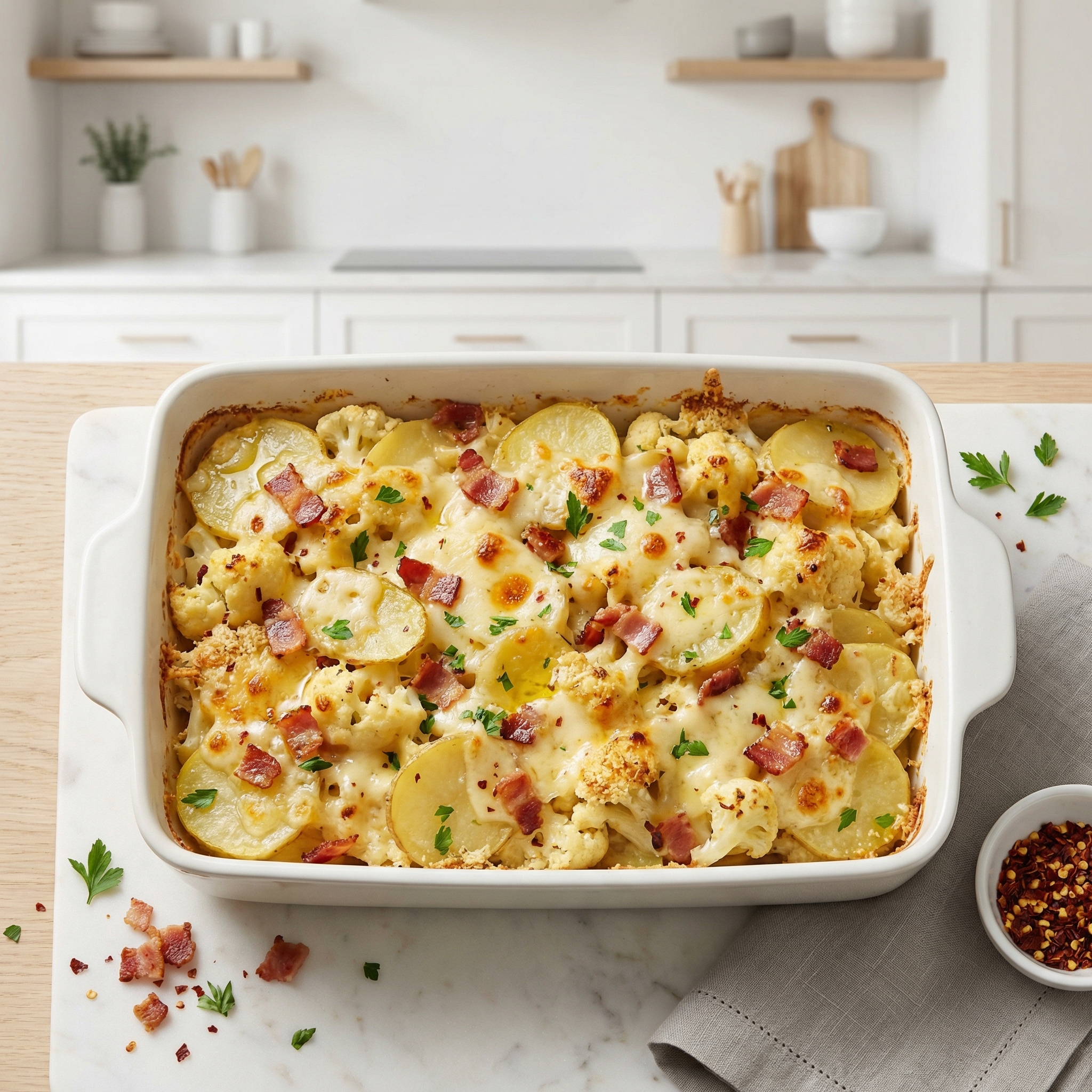 Bacon Swiss Potato Cauliflower Casserole
