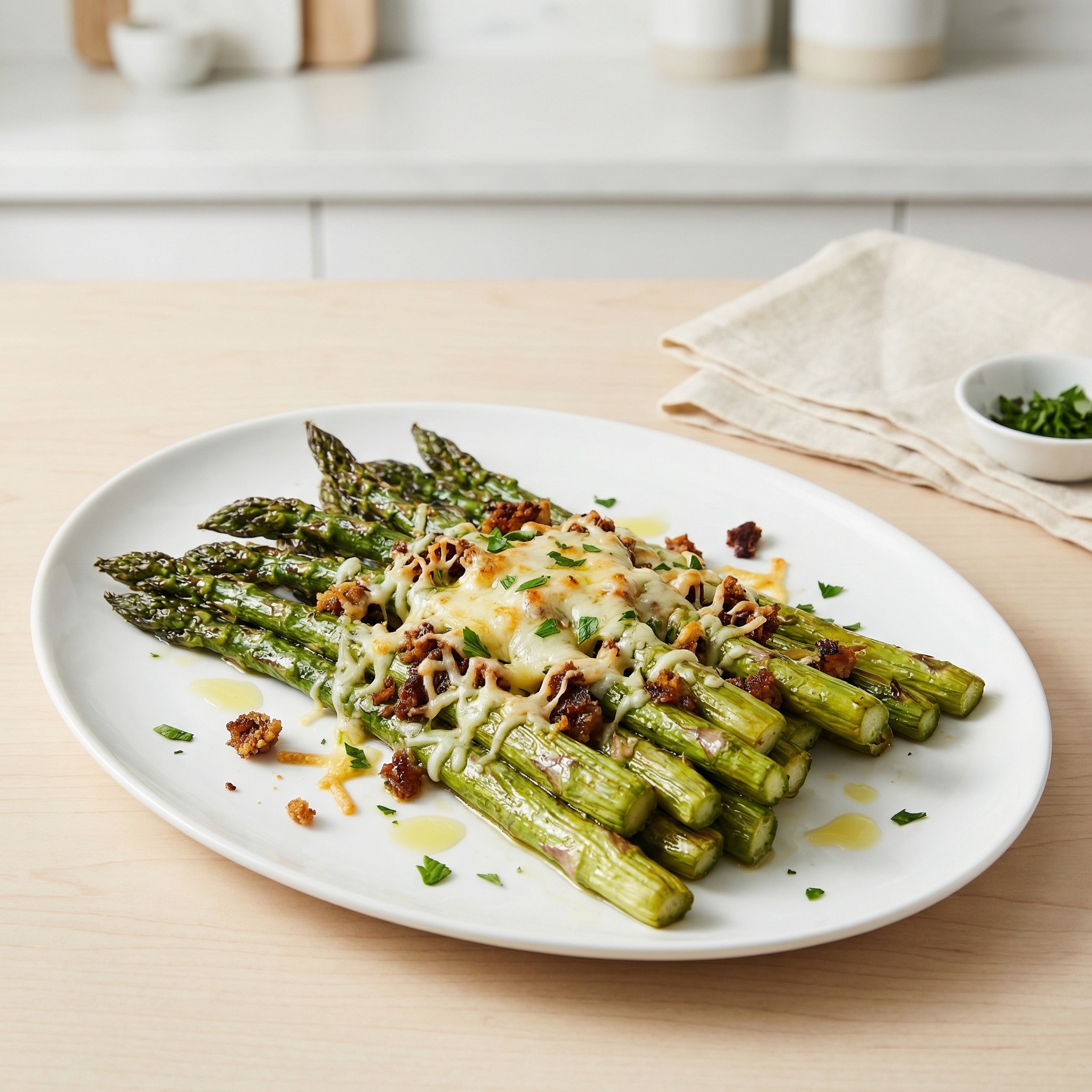 Baked Asparagus with Cheesy Onion Topping
