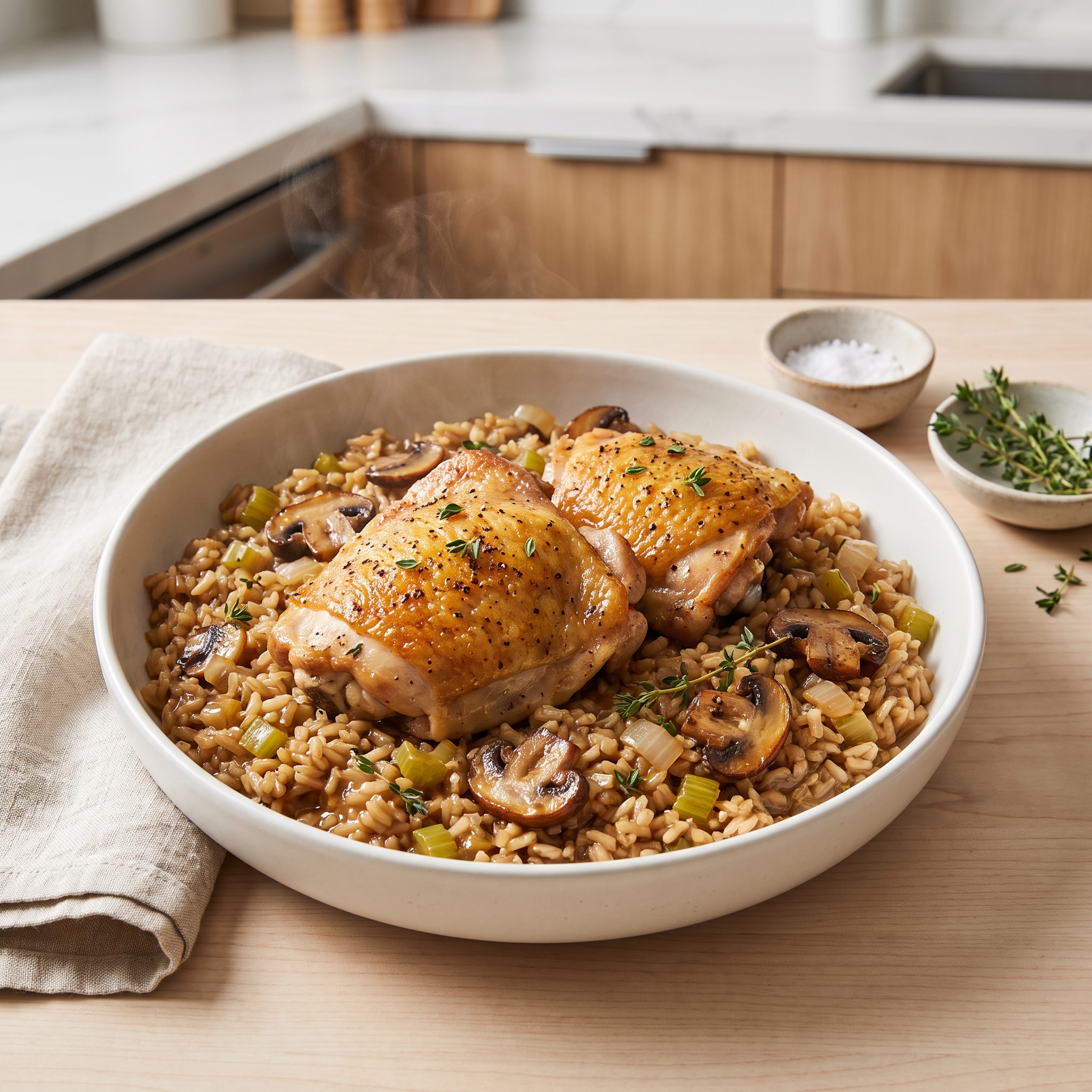Baked Chicken Thighs With Mushroom Brown Rice