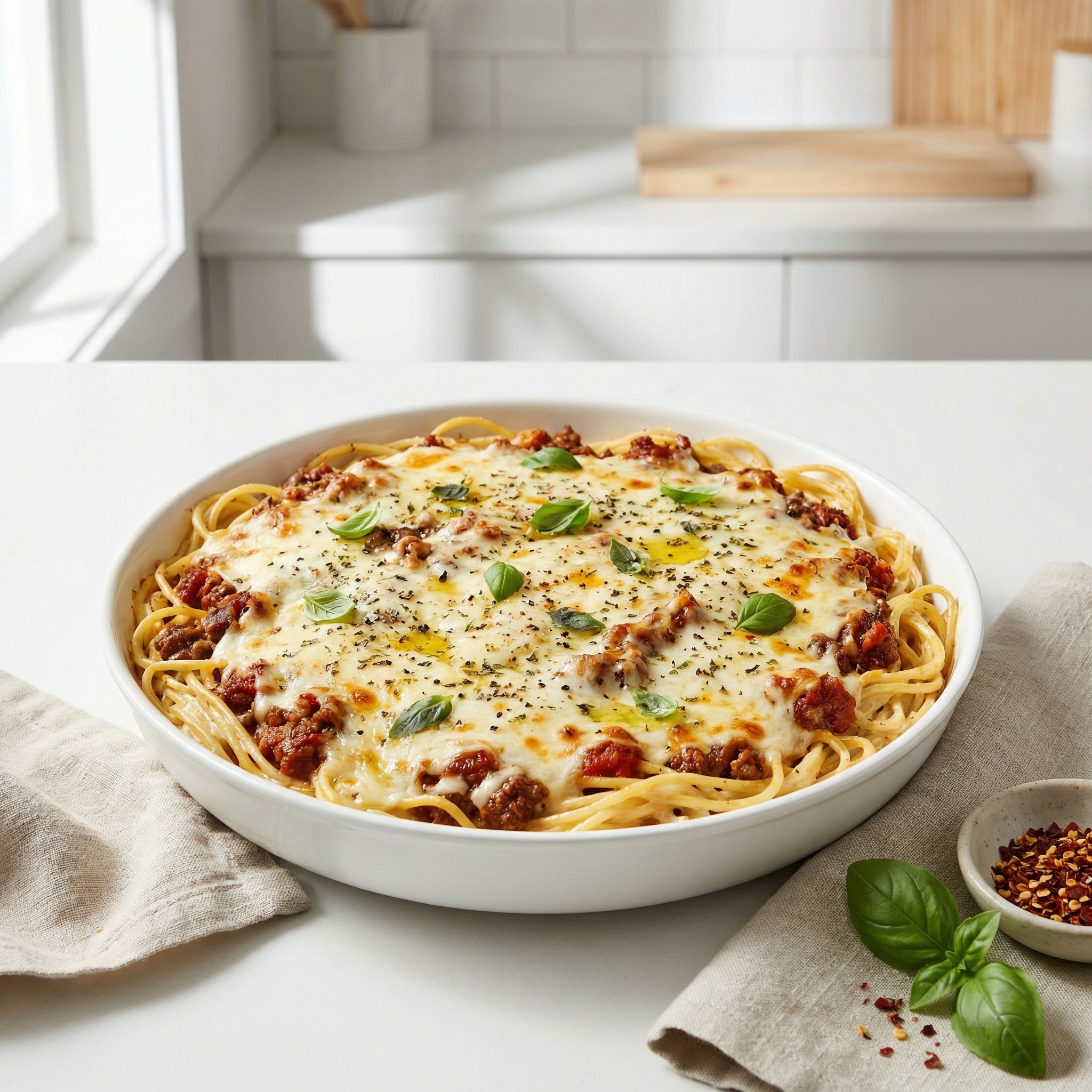 Creamy Baked Spaghetti Casserole with Cheese