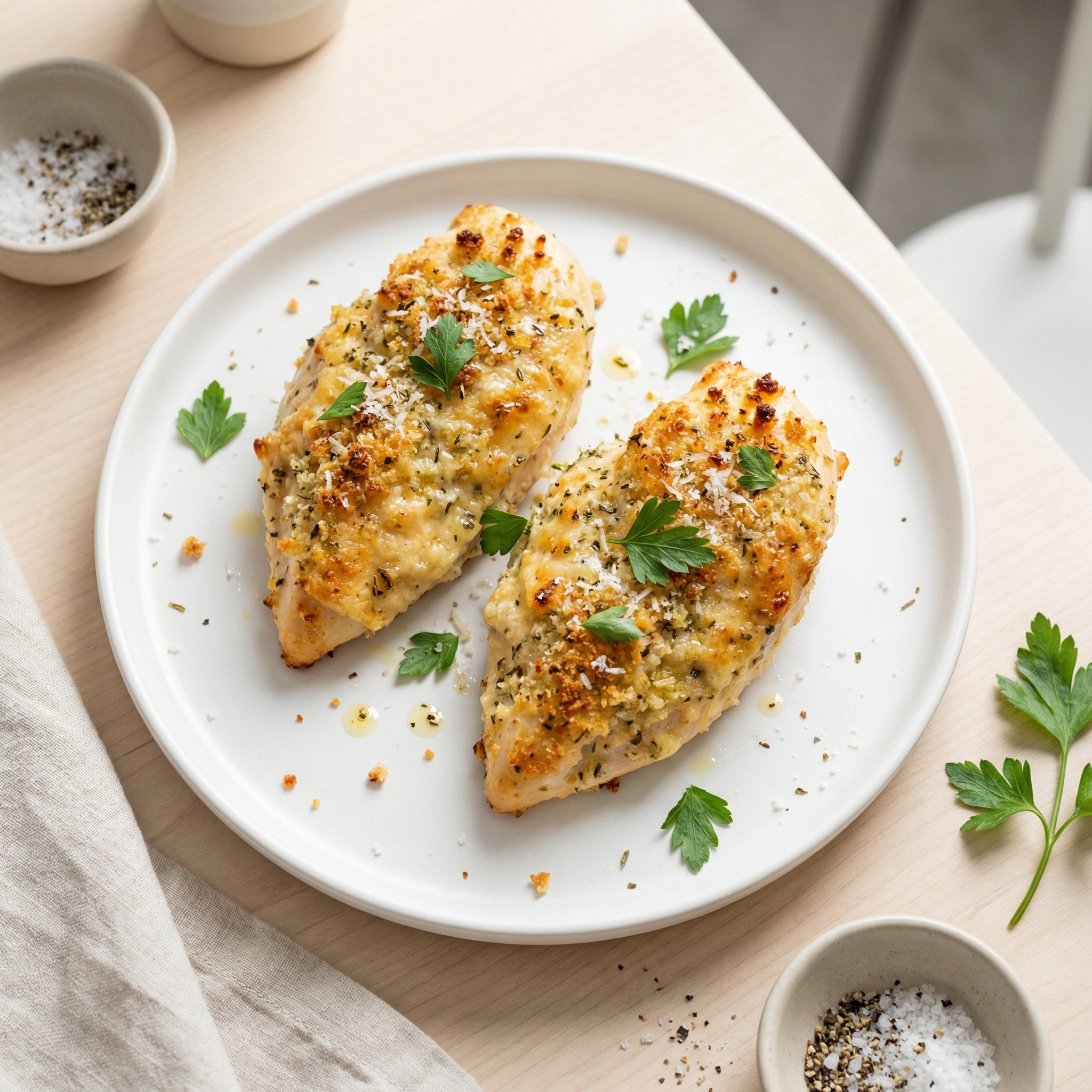Parmesan-Mayo Crusted Chicken Breasts with Herbed Bread Crumbs
