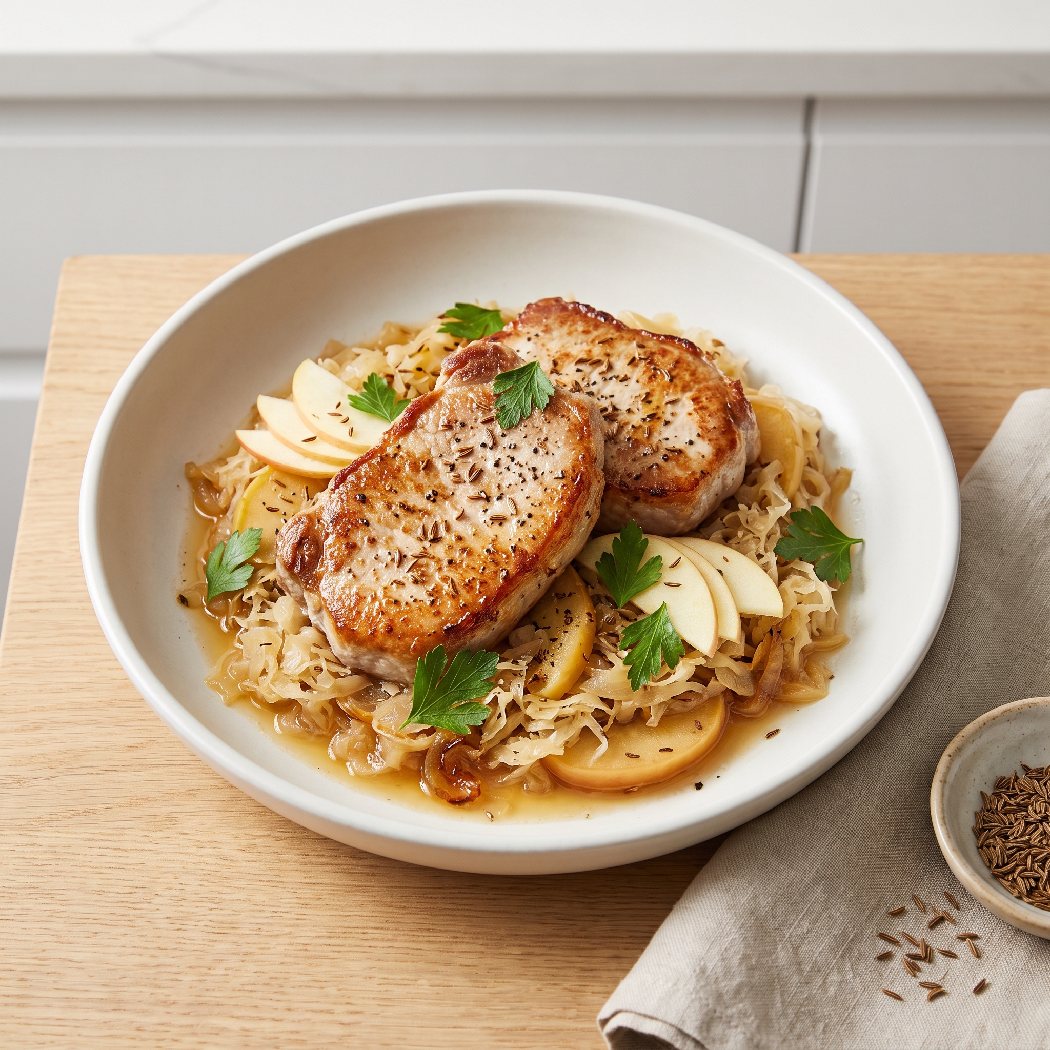 Baked Pork Chops with Sauerkraut and Apples (German-Style)