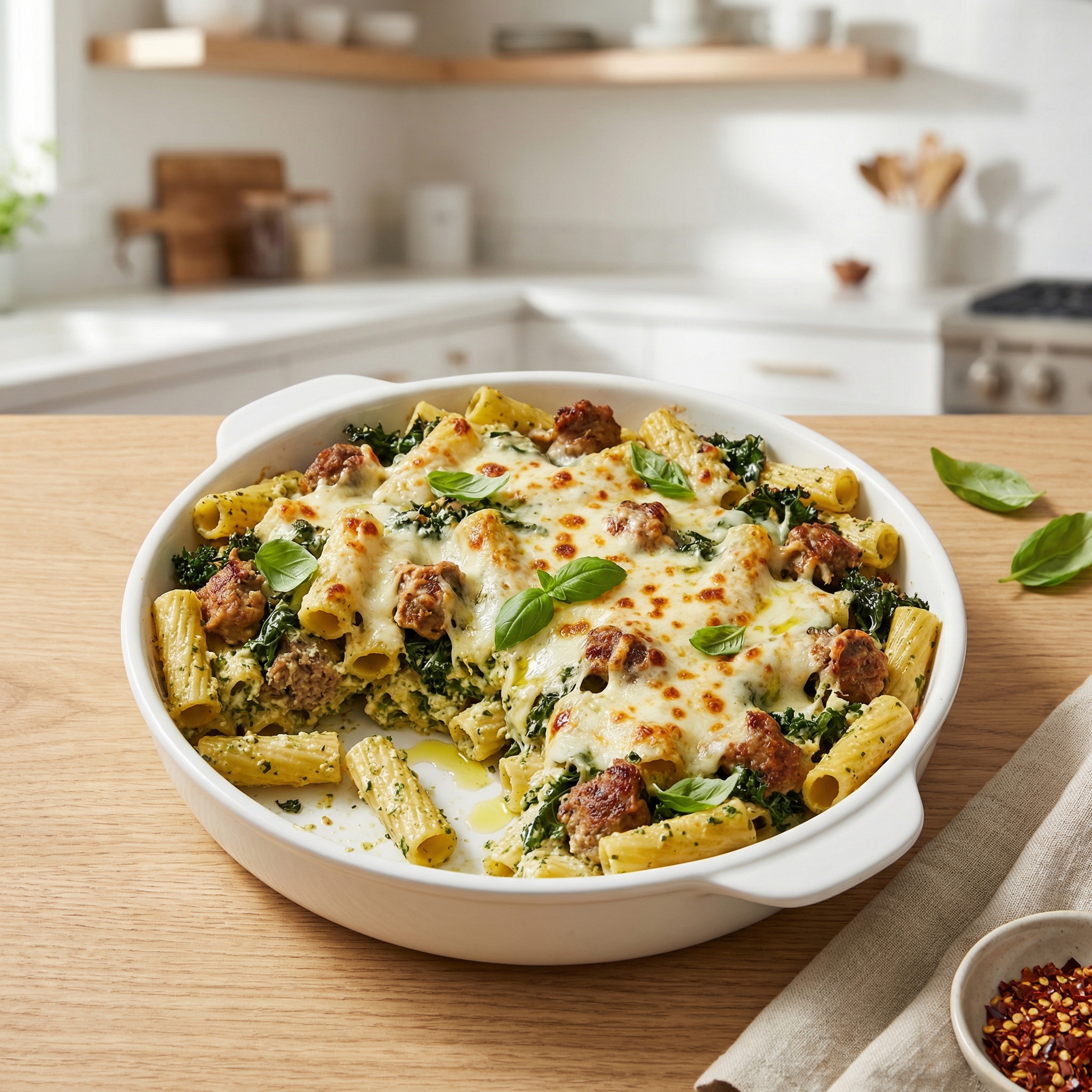 Ricotta-Pesto Pasta with Sausage and Kale