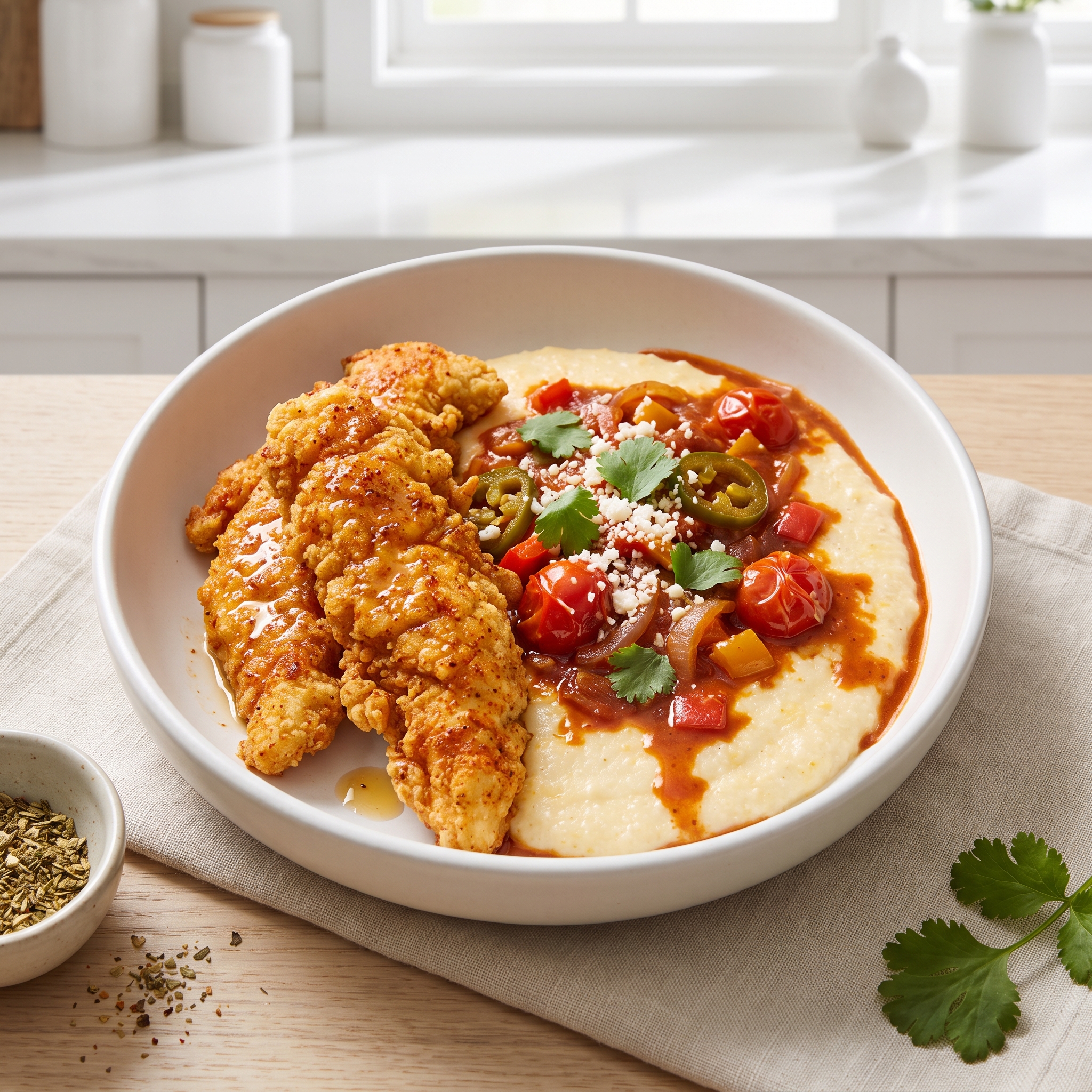 Baked Spicy Chicken Strips with Cheese Grits and Chorizo Pan Sauce