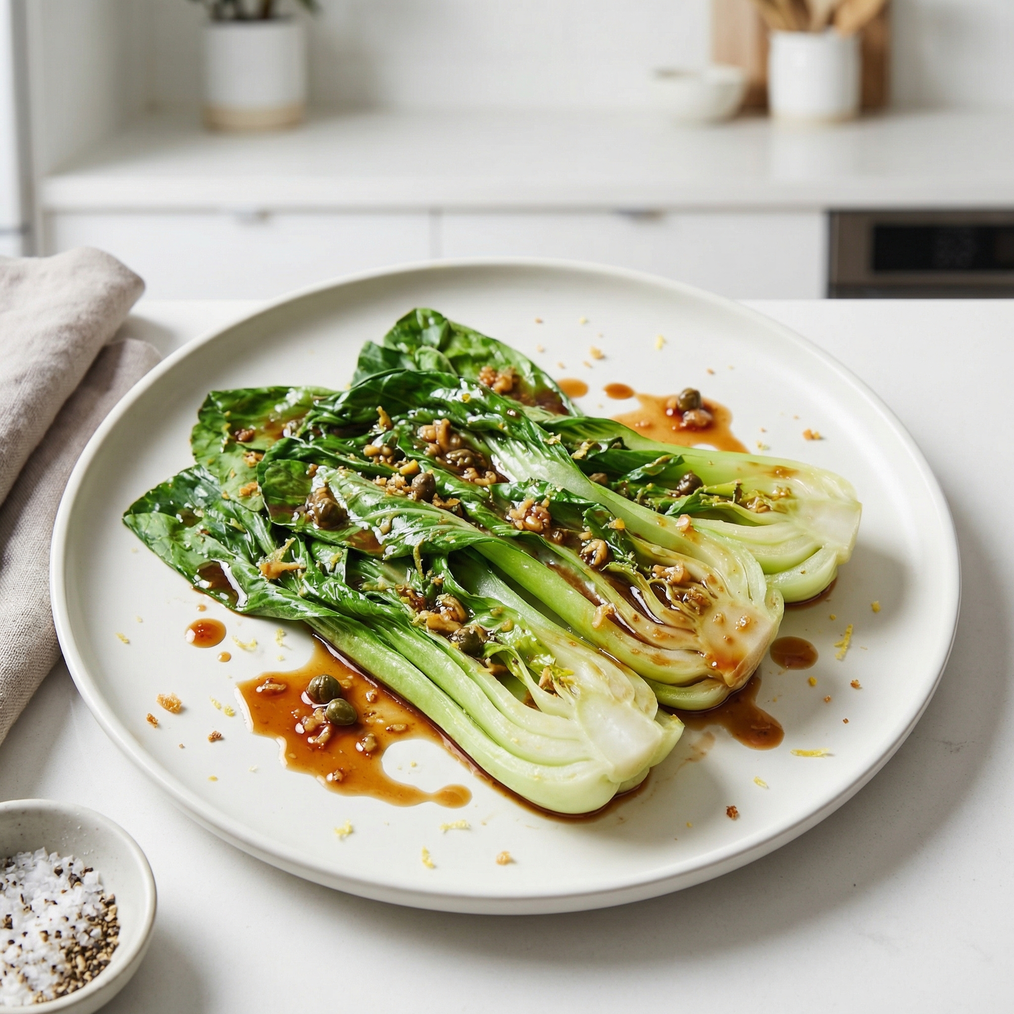 Ginger-Garlic Bok Choy with Balsamic and Capers