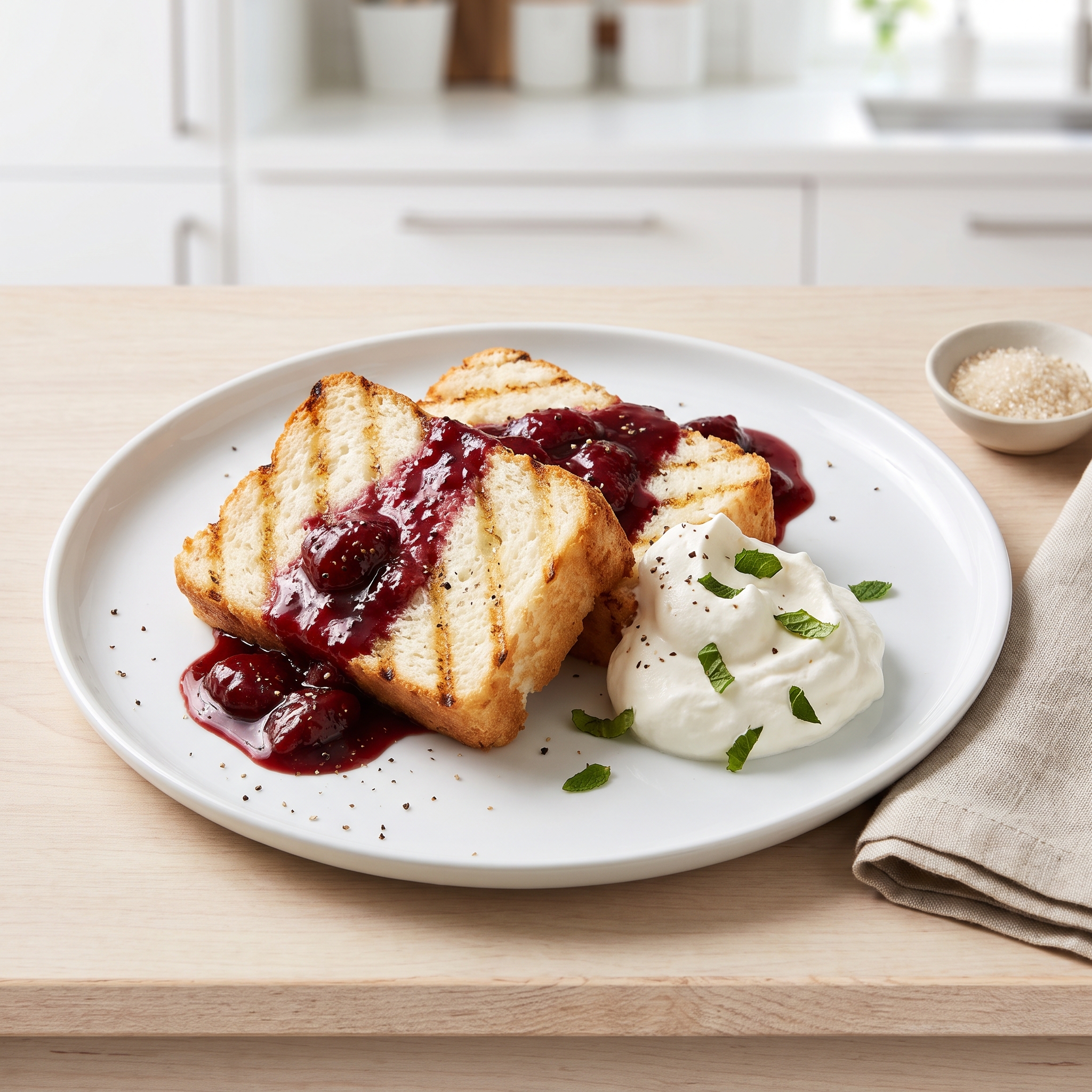 Balsamic Strawberry Shortcake on Grilled Angel Food Cake