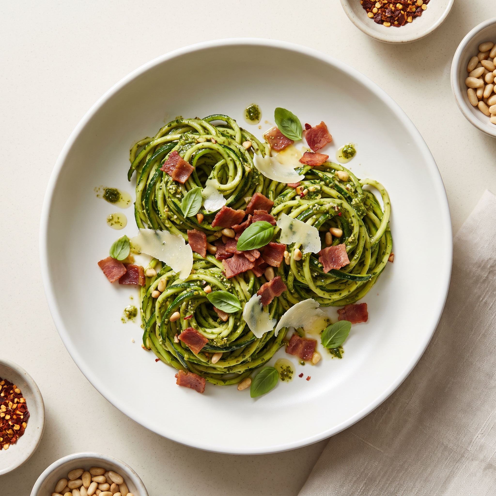Basil Pesto Zucchini Noodles with Turkey Bacon