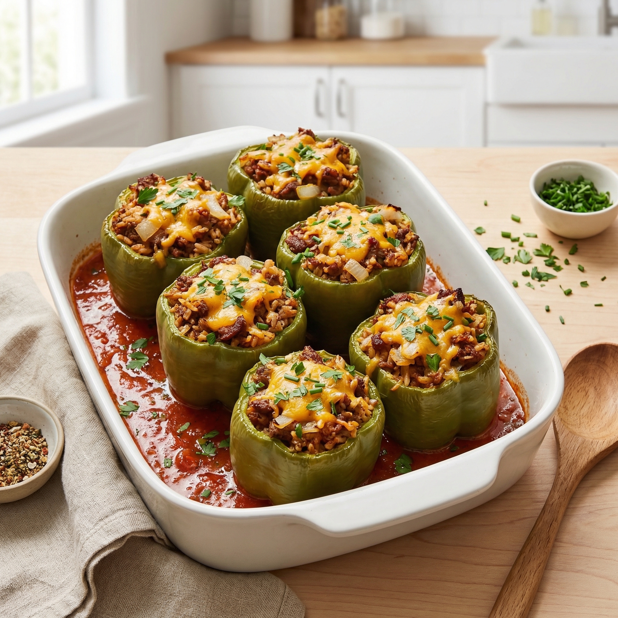 Cheesy Beef-Stuffed Green Bell Peppers