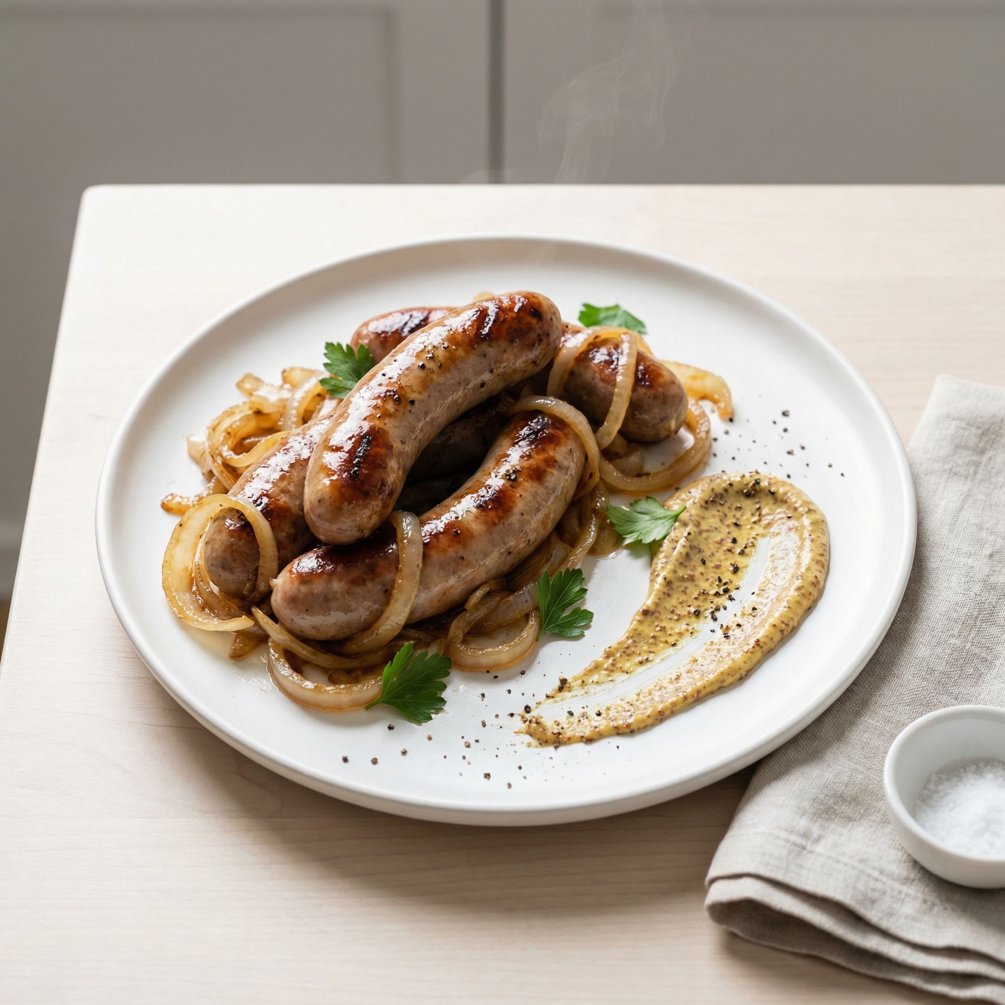 Beer-Simmered Bratwurst with Onions