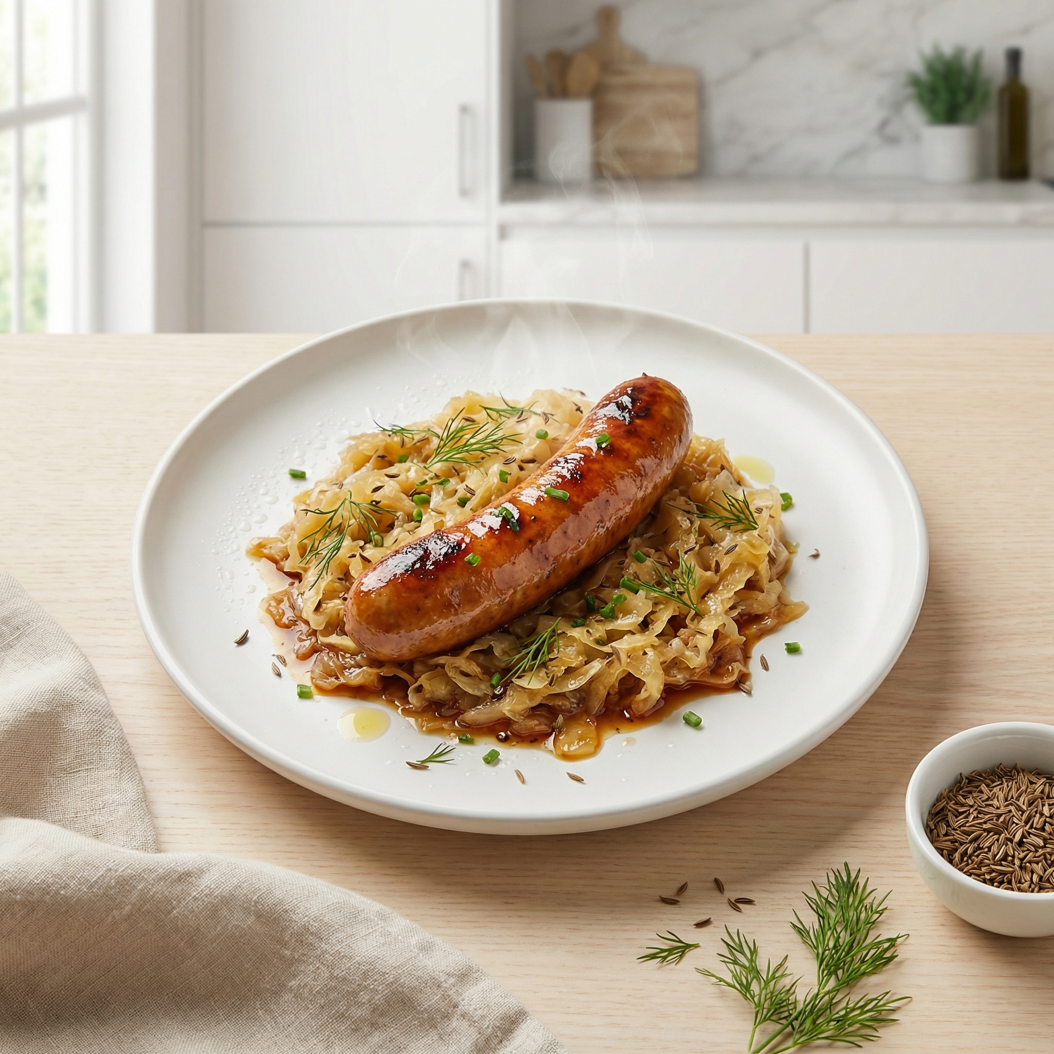 Lager-Glazed Bratwursts with Sauerkraut