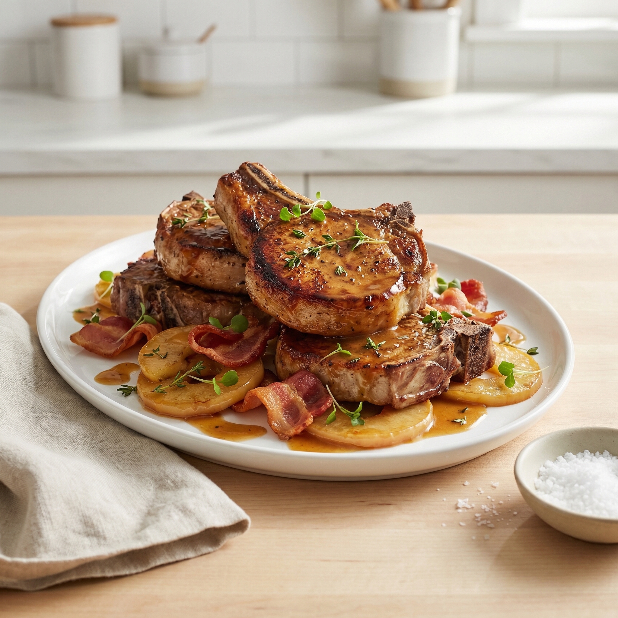 Apple-Bacon Pork Chops with Bourbon Cream
