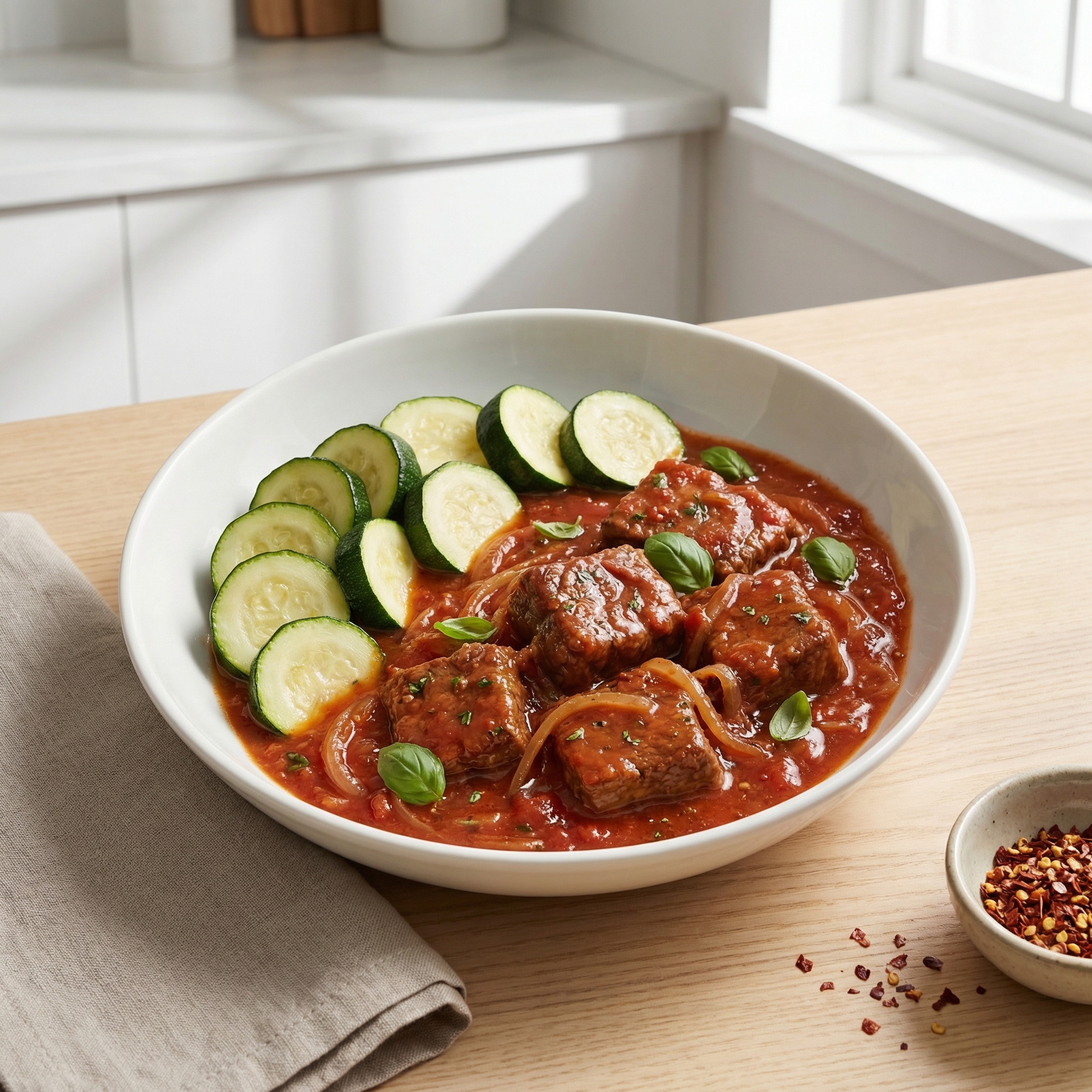 Tomato-Braised Cube Steaks with Zucchini