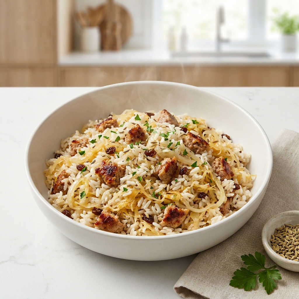Bratwurst and Sauerkraut Rice Skillet