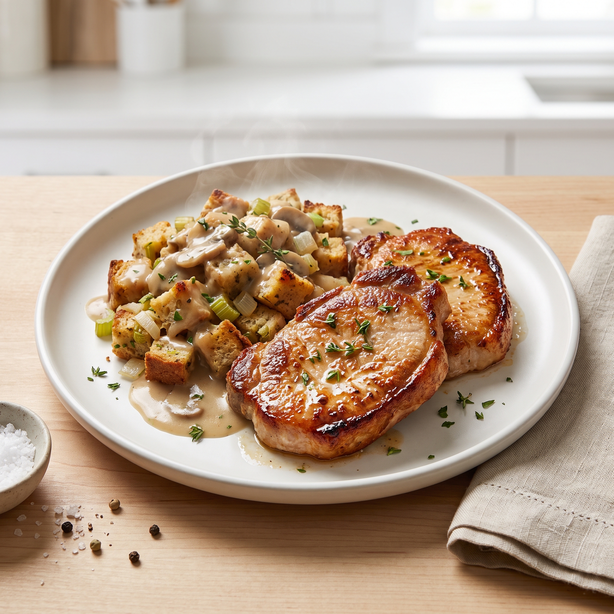 Bread-Stuffed Pork Chops with Creamy Mushroom Sauce