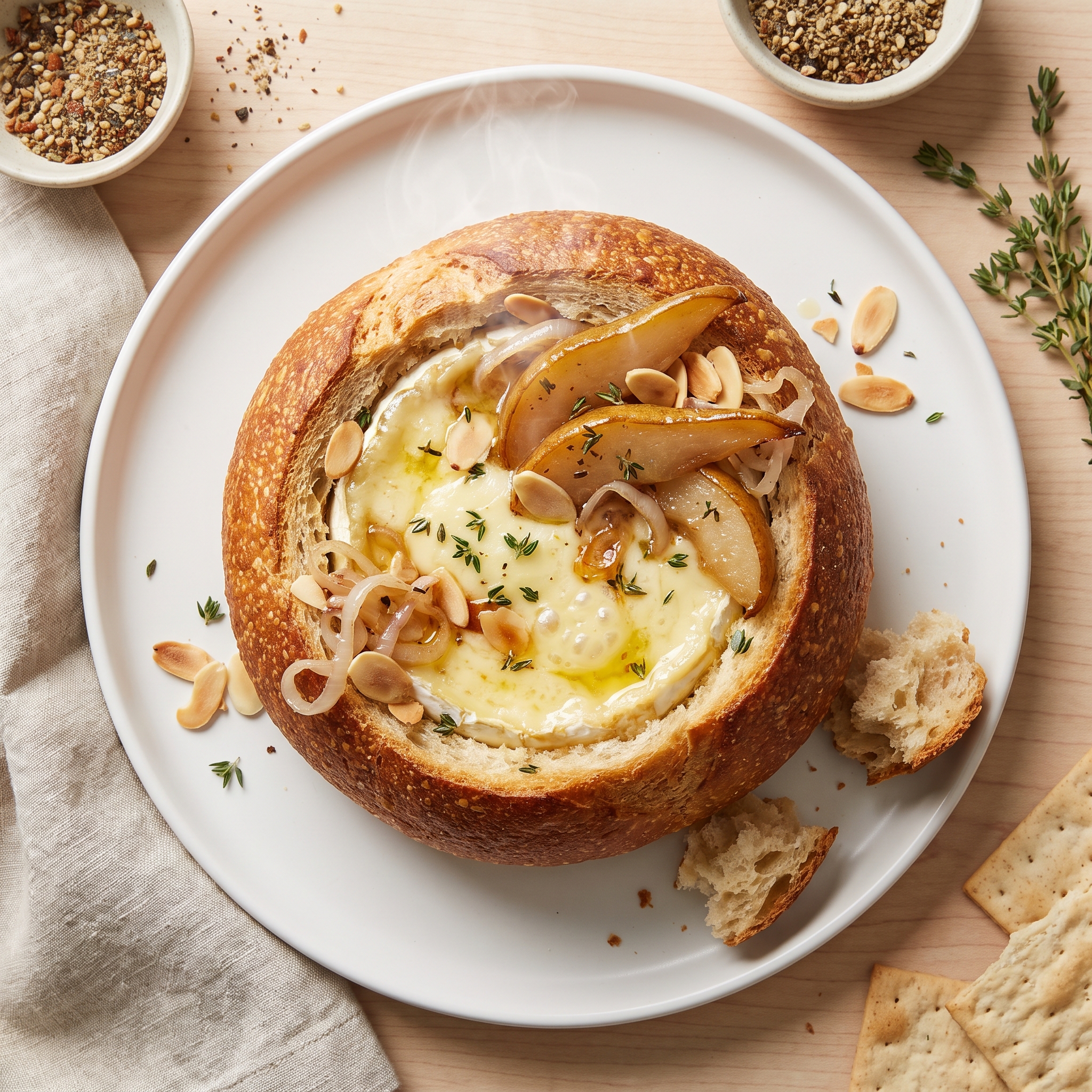 Brie Baked in Sourdough with Caramelized Pears, Shallots, and Thyme