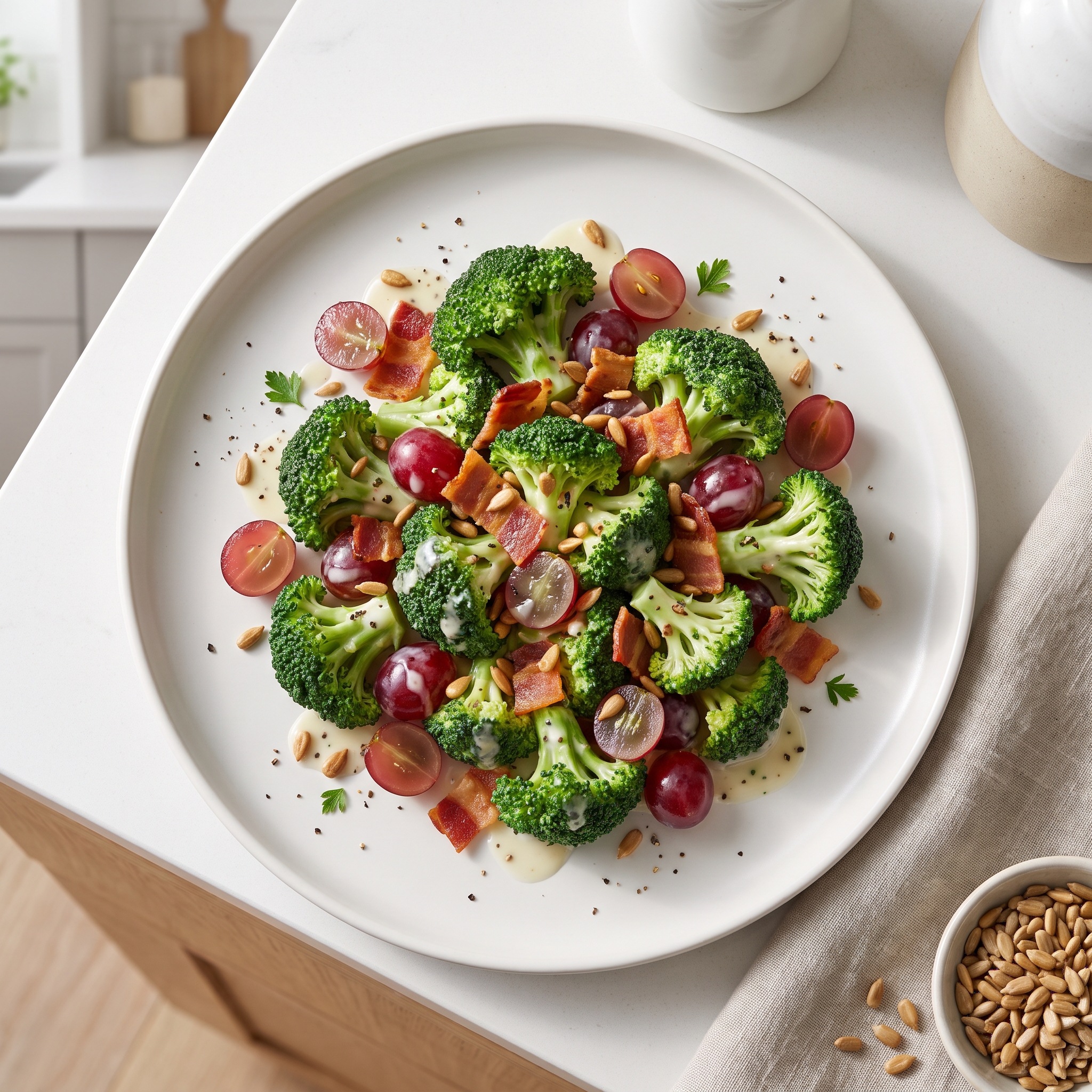 Broccoli Salad with Red Grapes, Bacon, and Sunflower Seeds