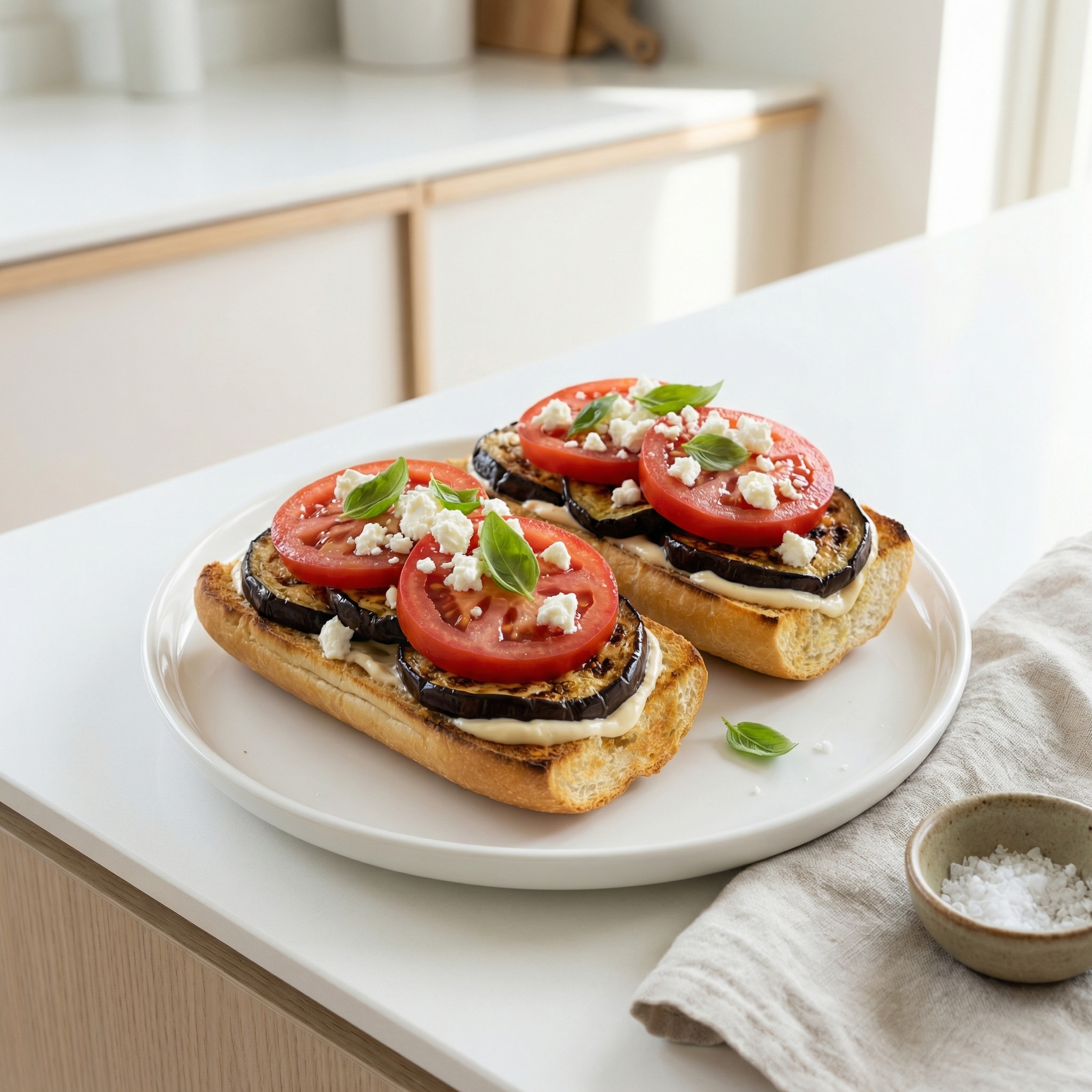 Broiled Eggplant Roll Sandwiches with Feta and Basil
