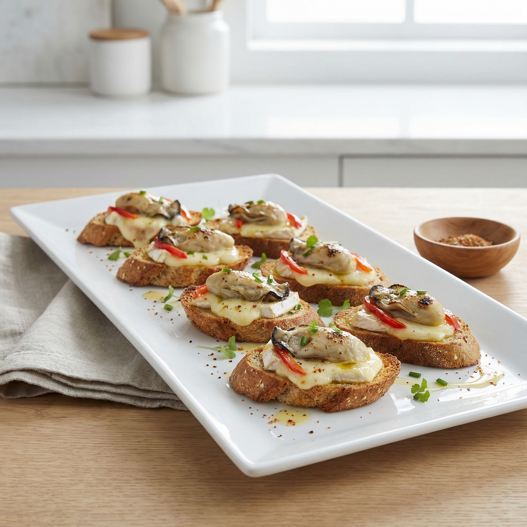 Broiled Oyster and Brie Crostini with Red Pepper