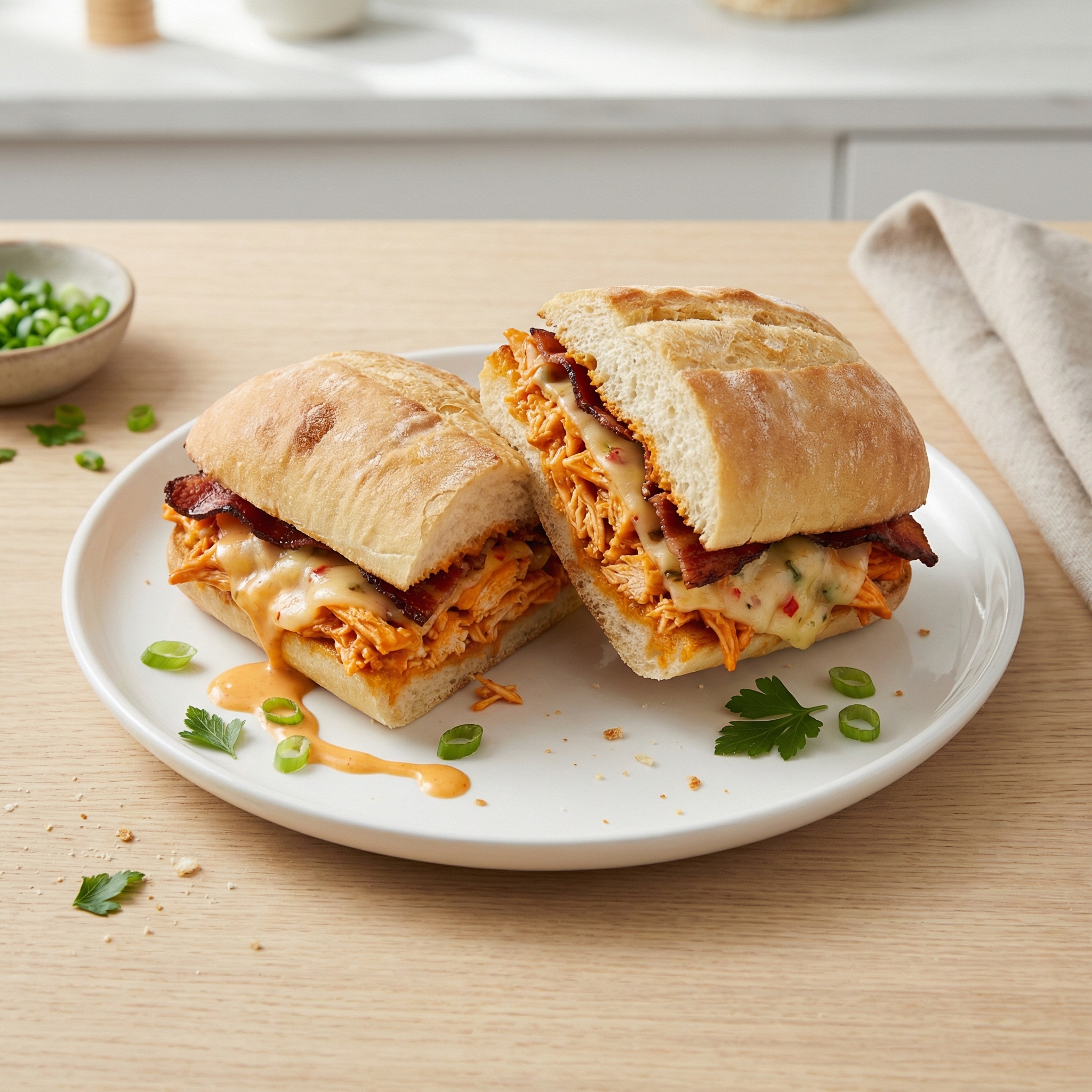 Hot Buffalo Chicken, Bacon, and Cheese Sandwich