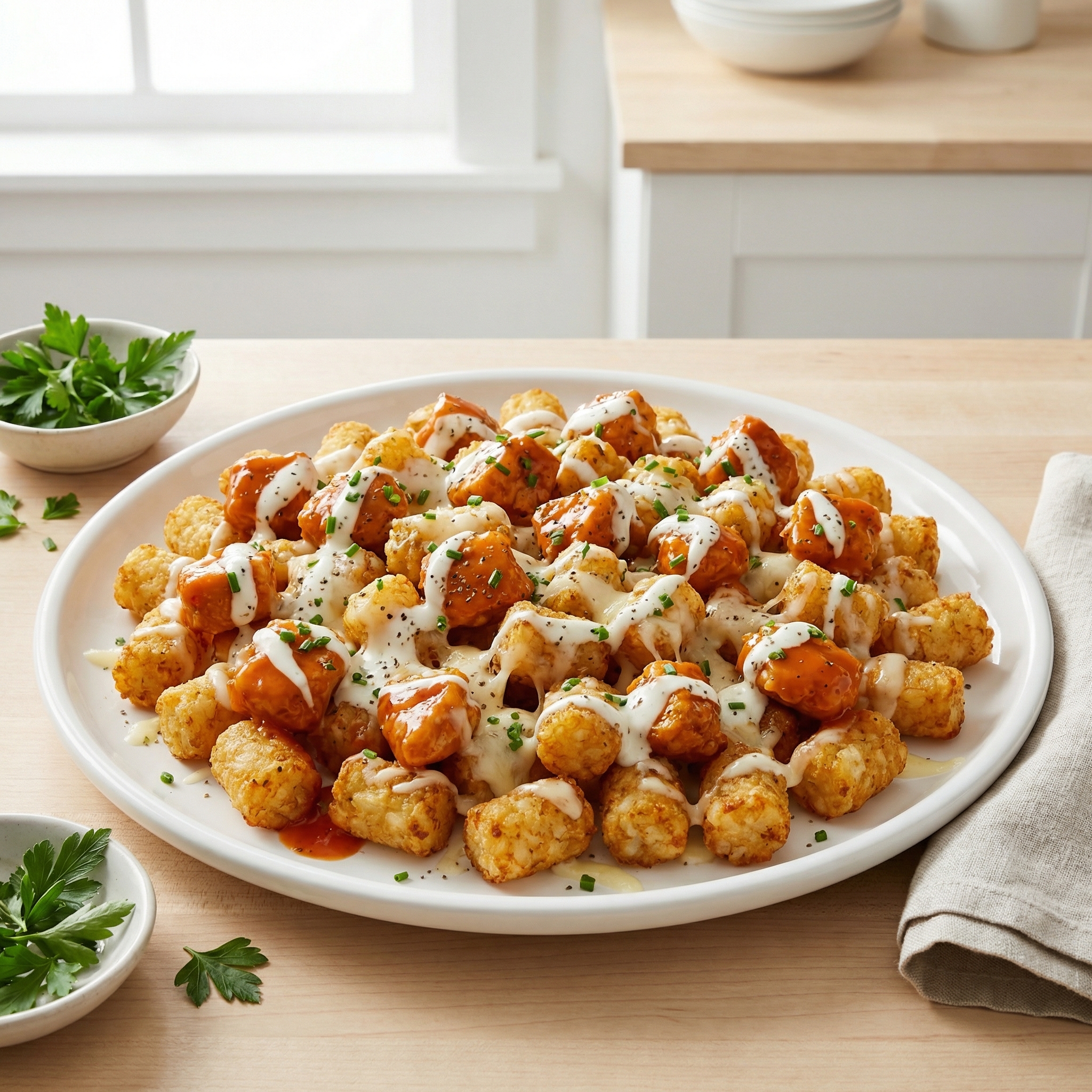 Buffalo Chicken Tater Tot Nachos
