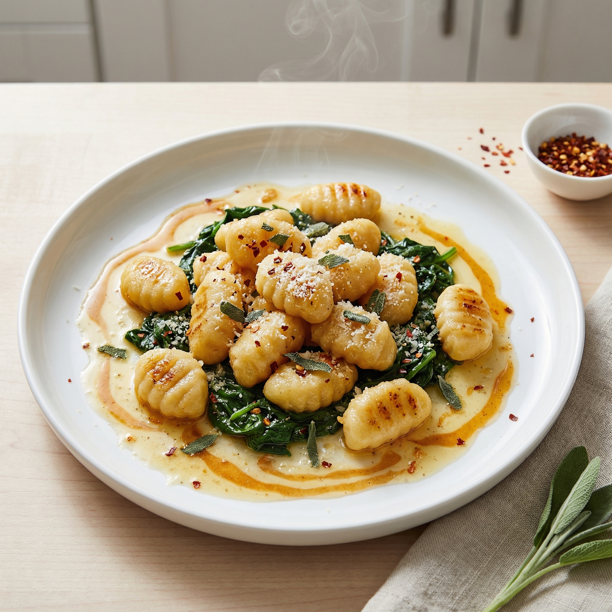 Butternut Squash Gnocchi in Garlic-Sage Butter on Wilted Spinach