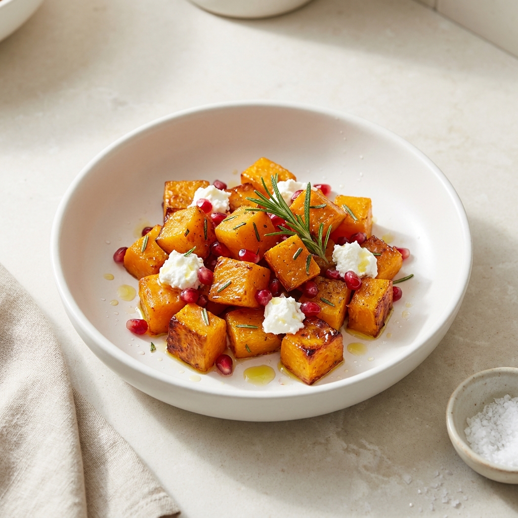 Butternut Squash Roast with Goat Cheese, Pomegranate, and Rosemary