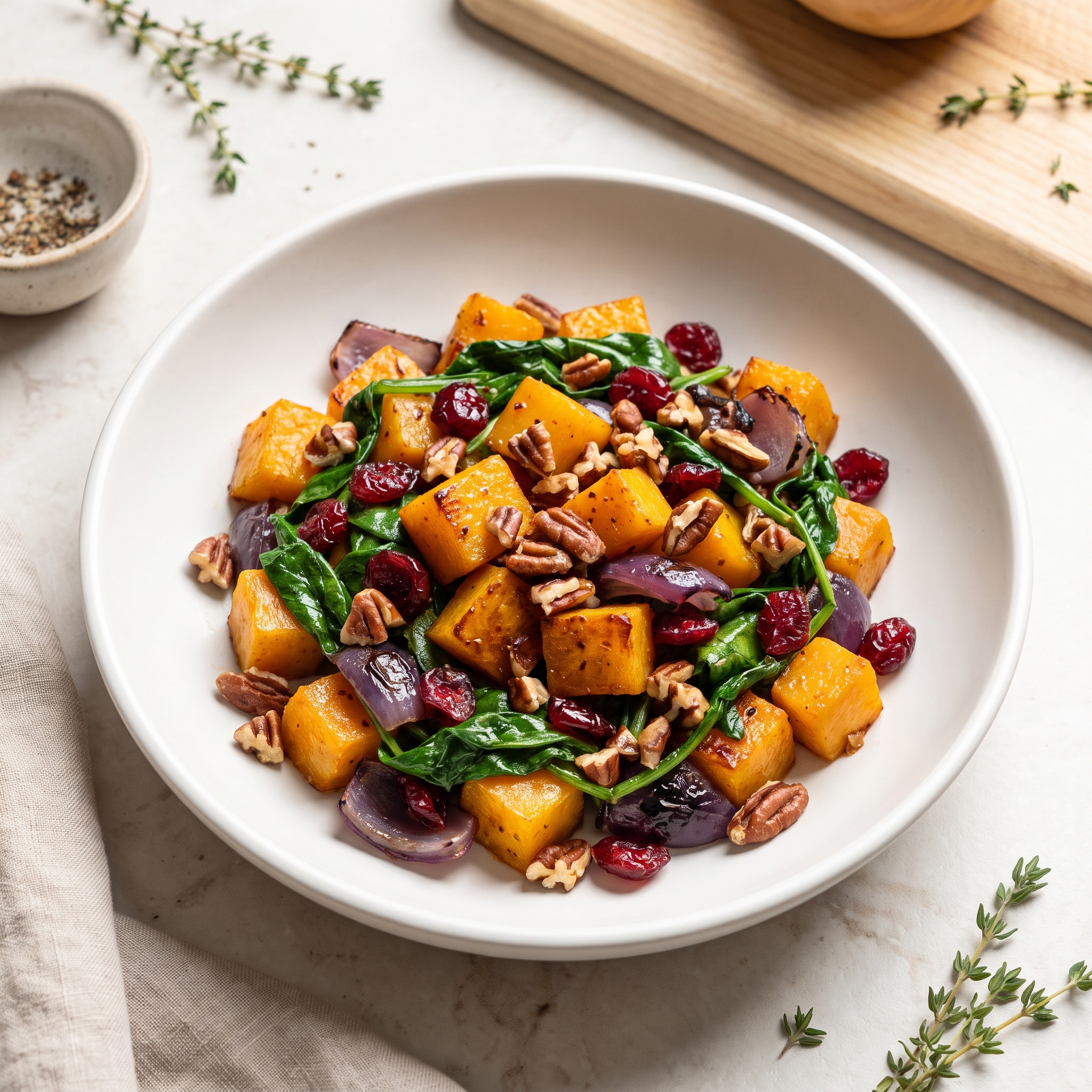 Butternut Squash with Red Onion, Spinach, and Cranberries