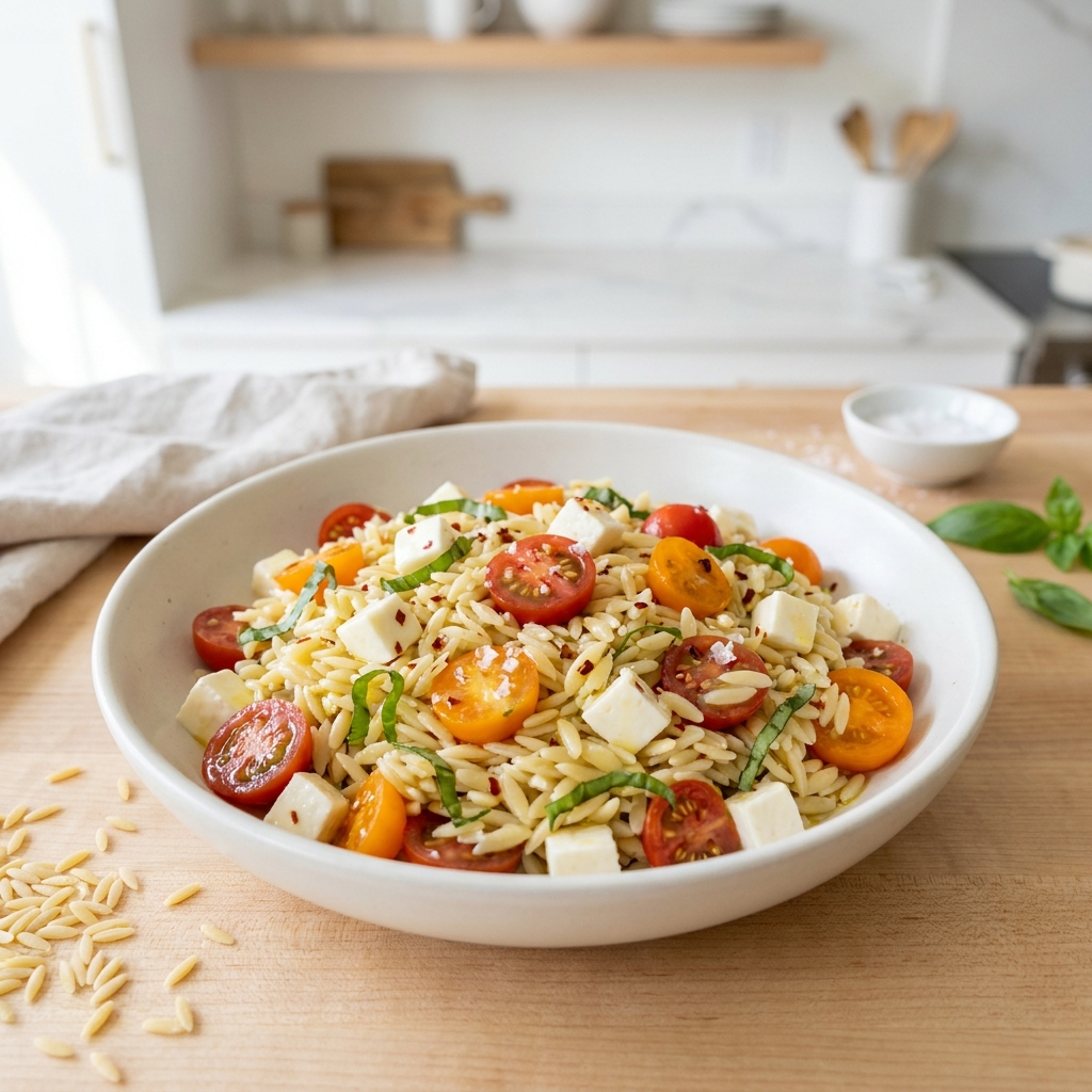 Caprese-Style Orzo Pasta Salad with Fresh Mozzarella