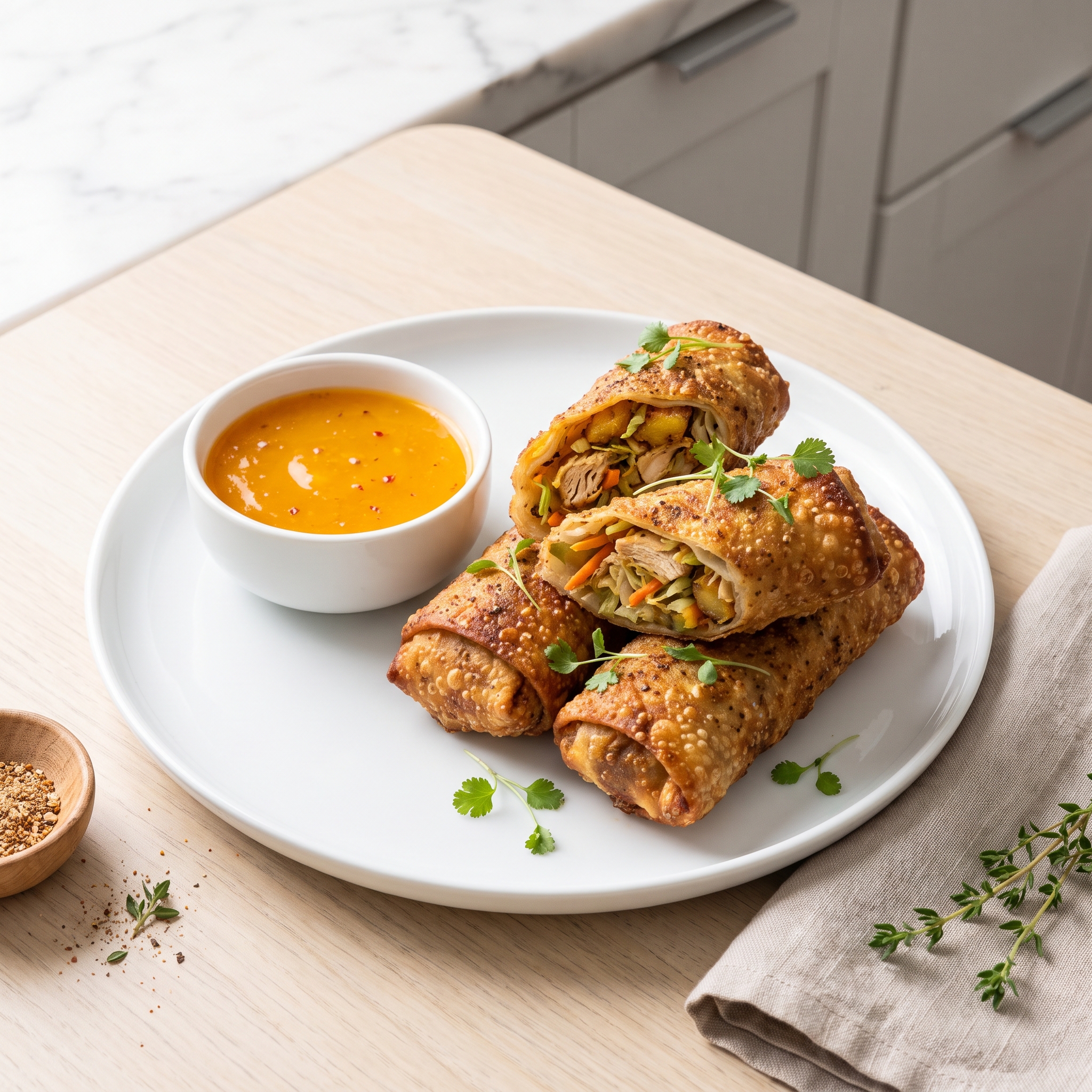 Caribbean-Style Chicken Egg Rolls with Mango Habanero Dip