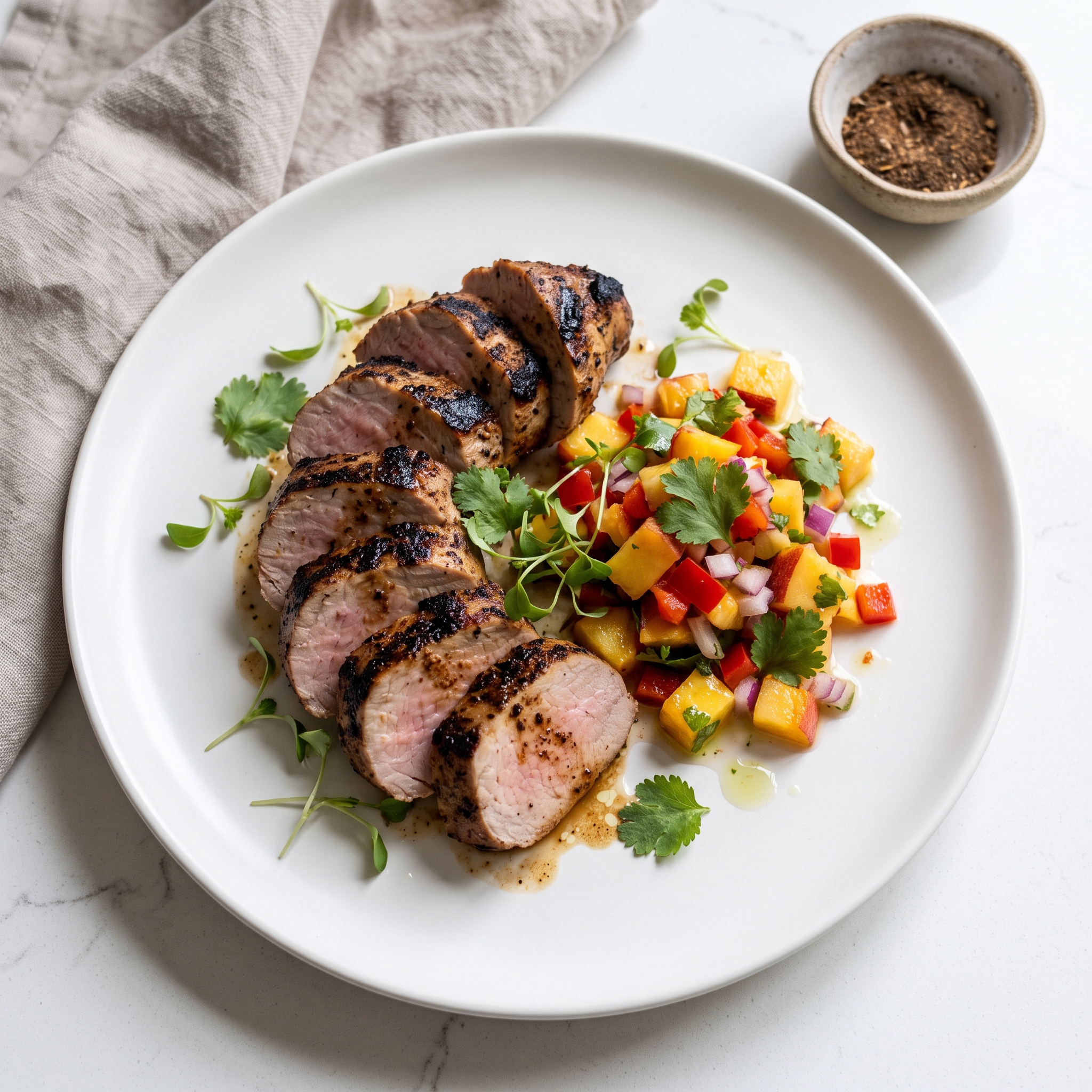 Caribbean Jerk Pork Tenderloin with Fresh Peach Salsa