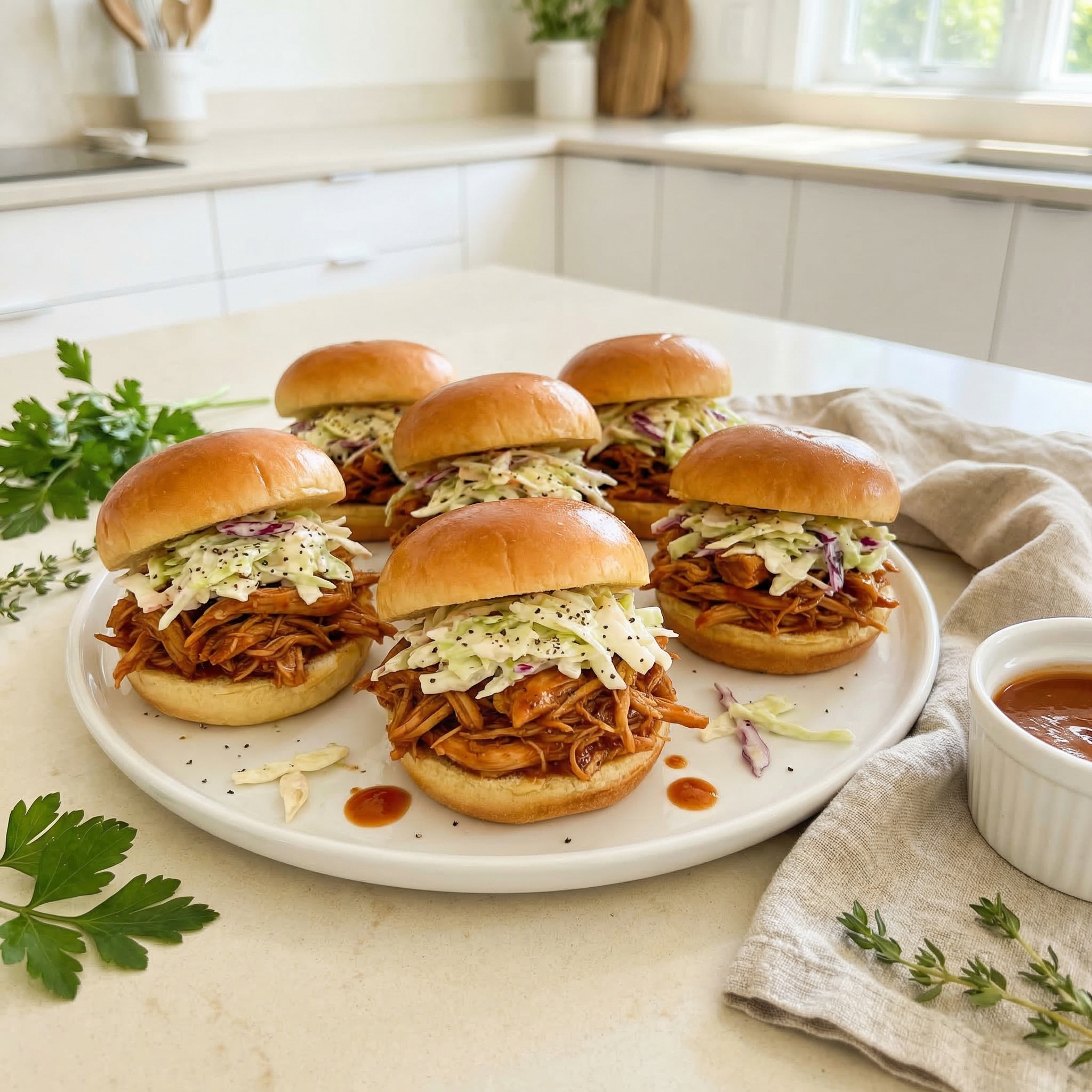 Carolina-Style Pulled Chicken Sliders with Slaw