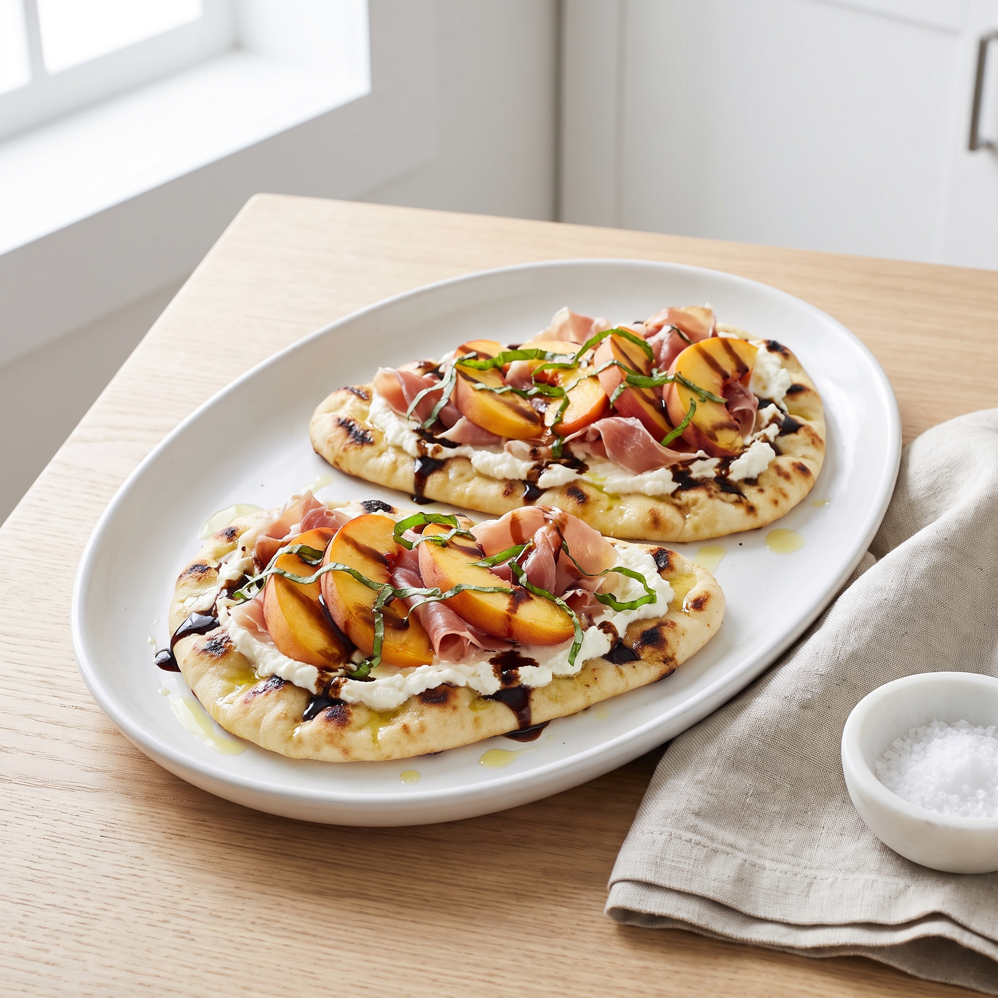 Charred Naan Flatbread with Prosciutto and Peaches