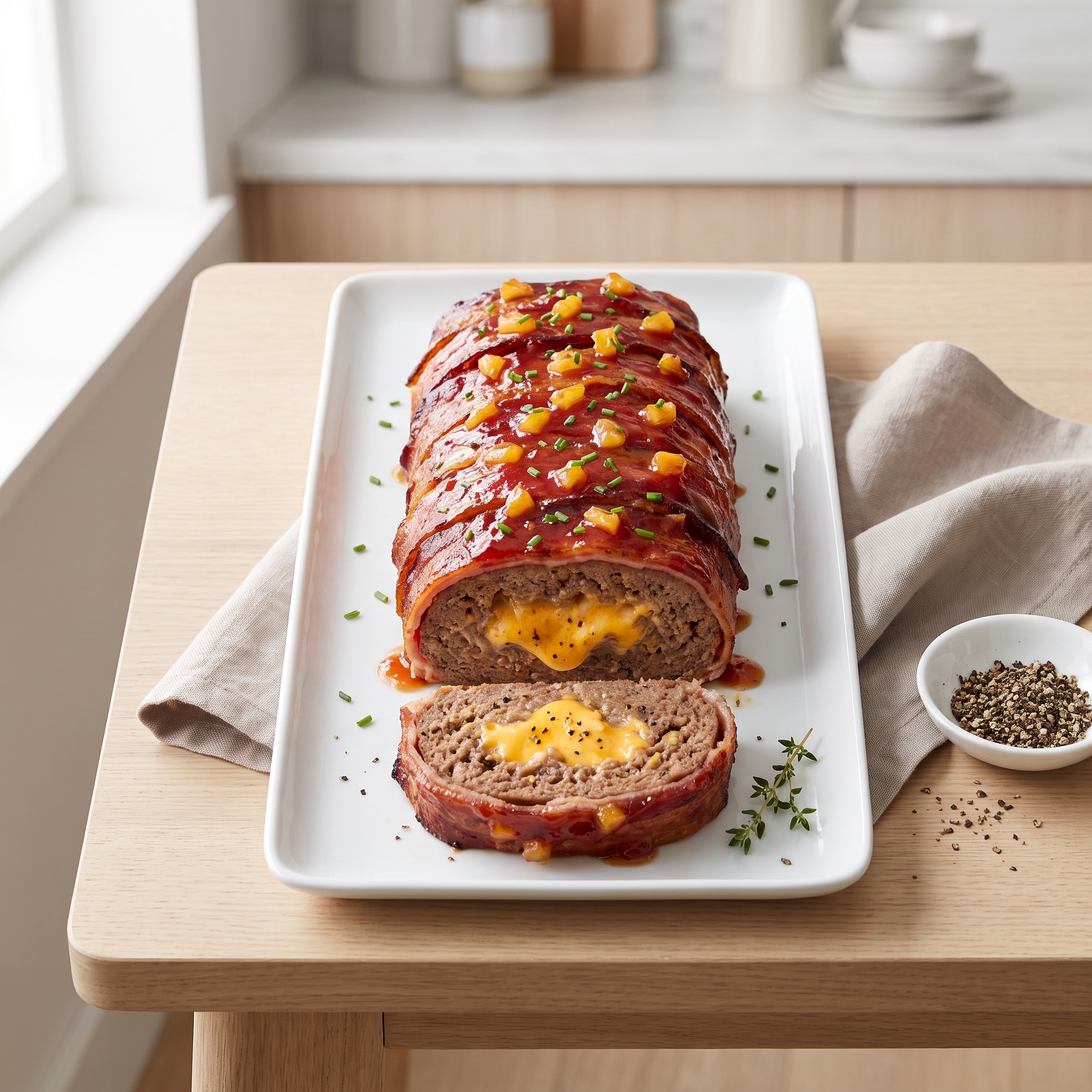 Cheddar-Stuffed Bacon-Wrapped Meatloaf