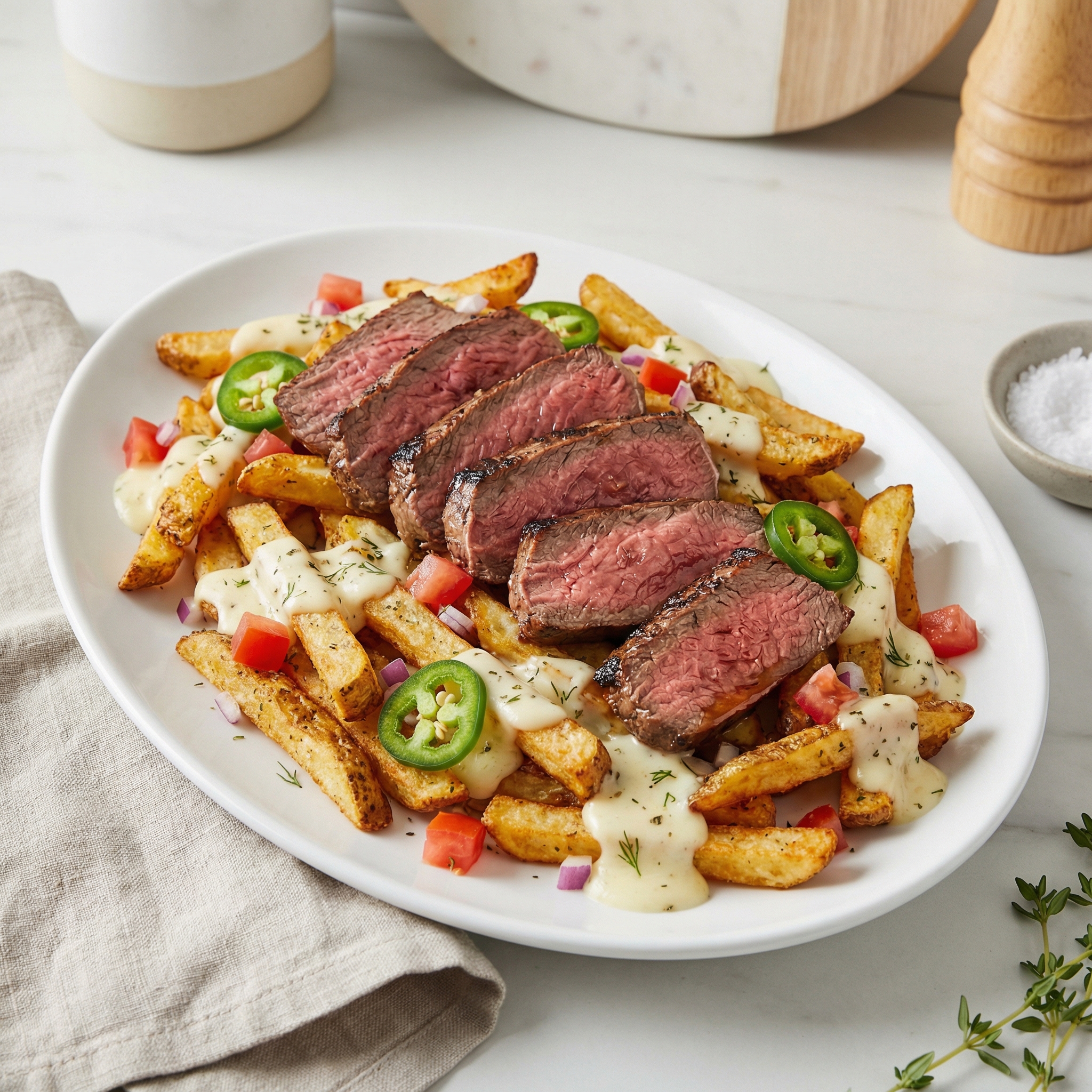 Cheddar-Smothered Steak-Topped Fries