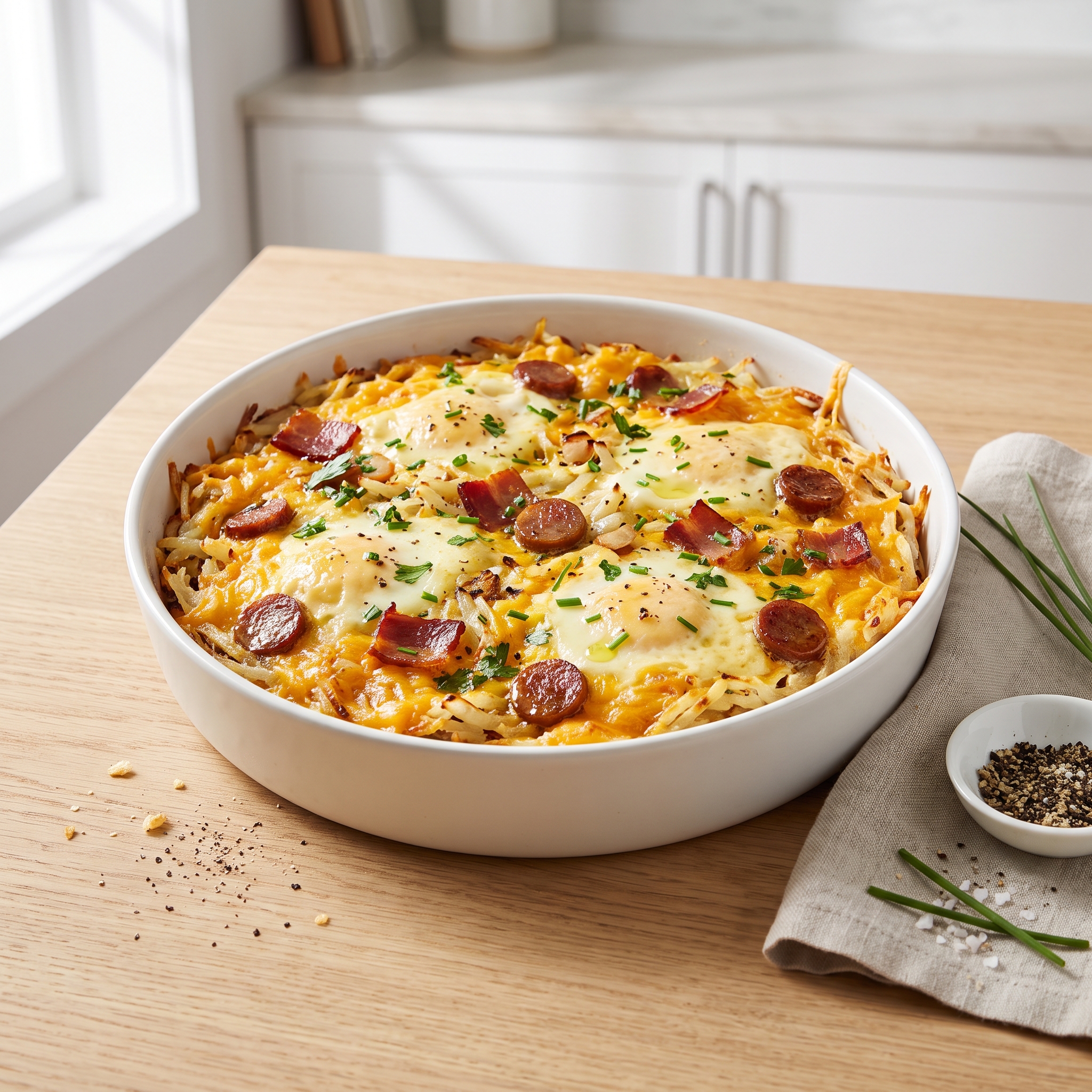 Cheesy Bacon, Sausage, and Egg Hash Brown Skillet