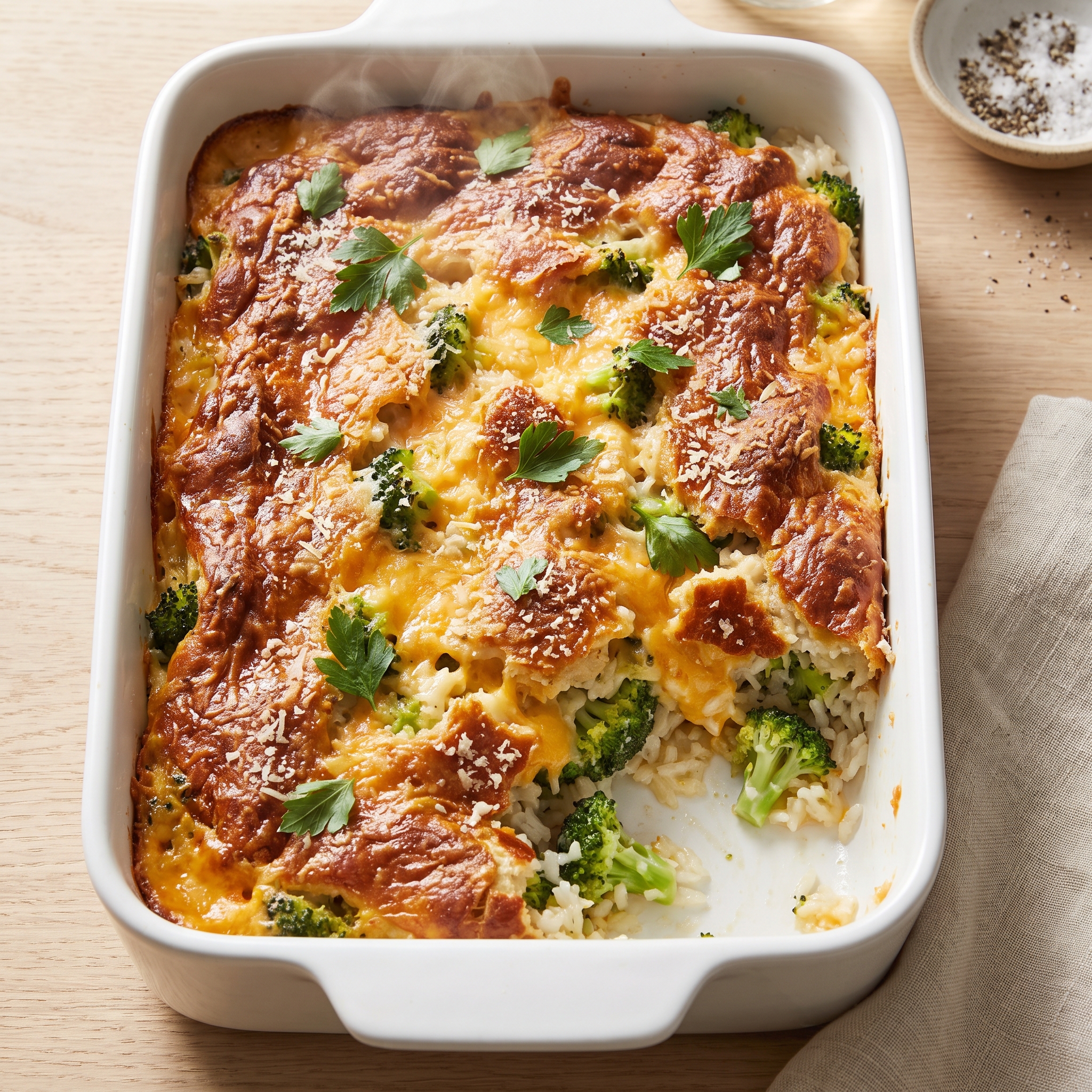 Cheesy Broccoli Rice Bake with Garlic-Parmesan Pretzel Crust
