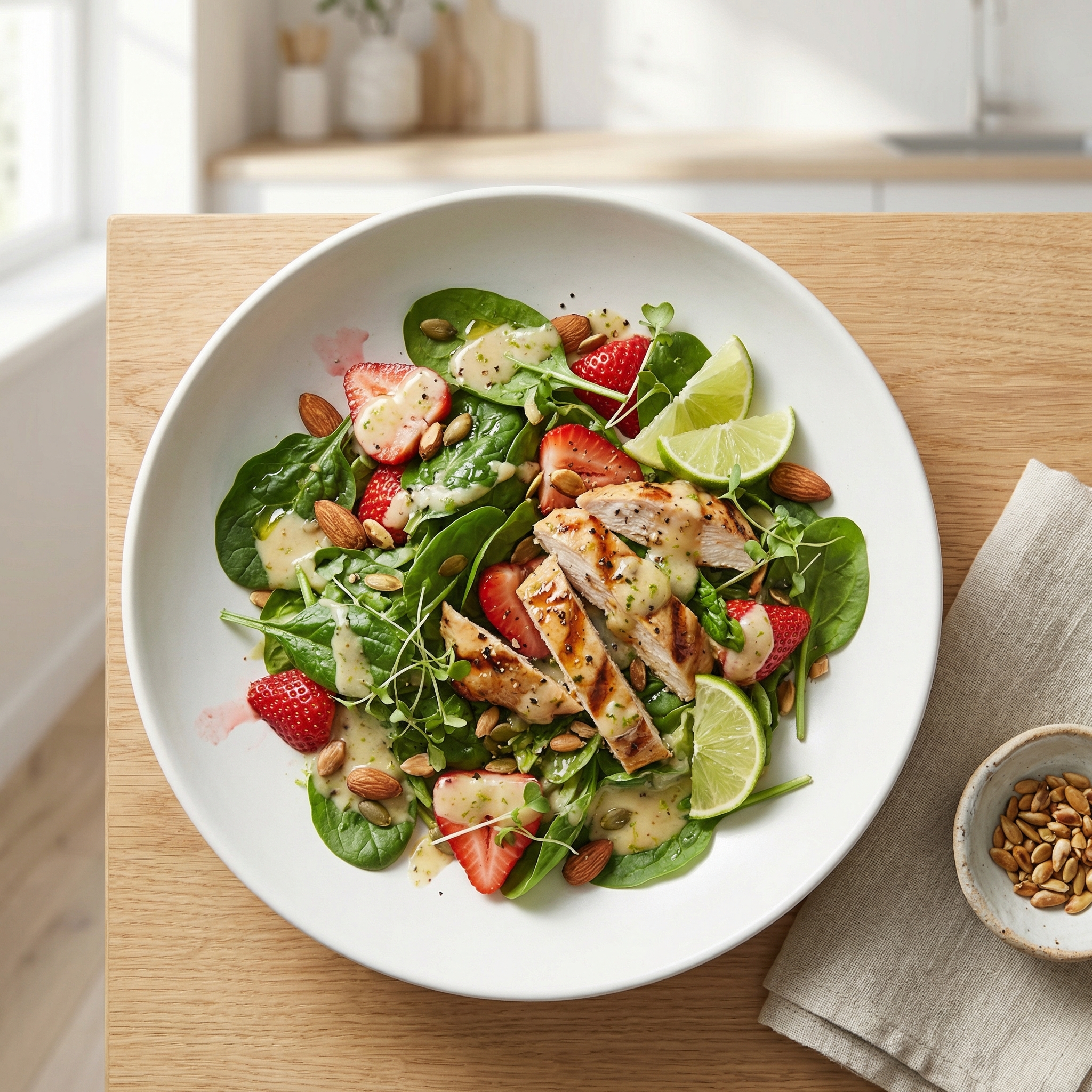 Chicken Strawberry Spinach Salad with Ginger-Lime Dressing