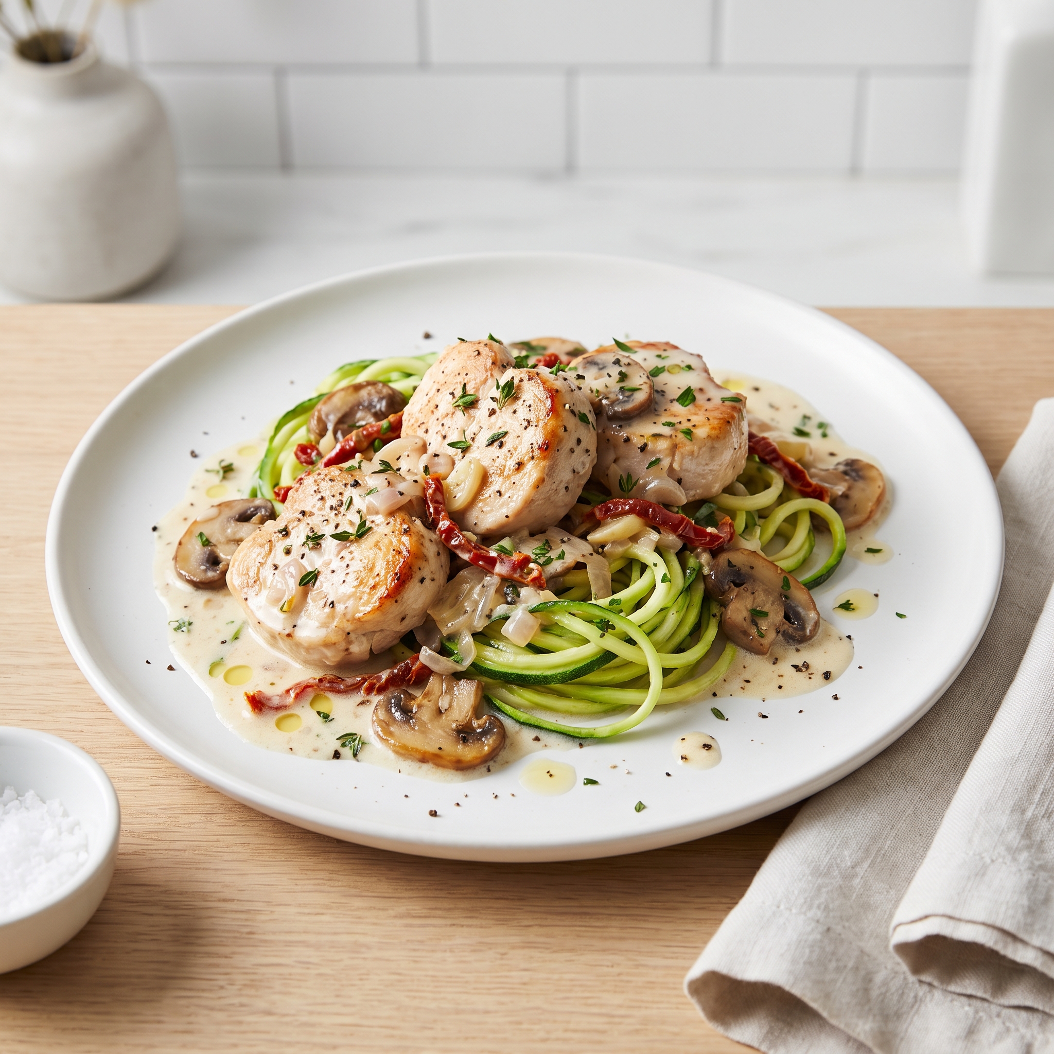 Chicken and Mushrooms in Cream Sauce over Zoodles
