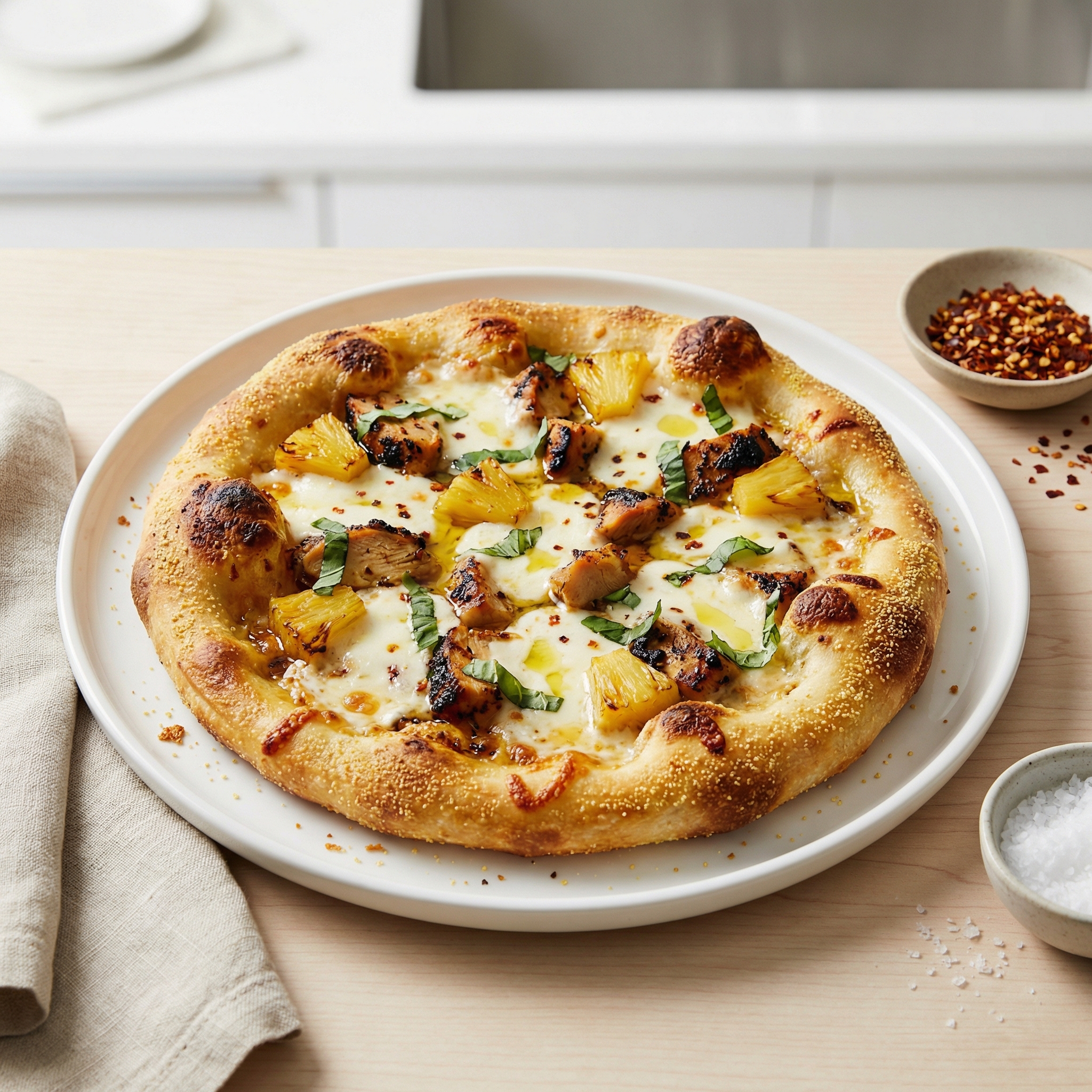 Skillet Pizza Topped with Chicken and Pineapple