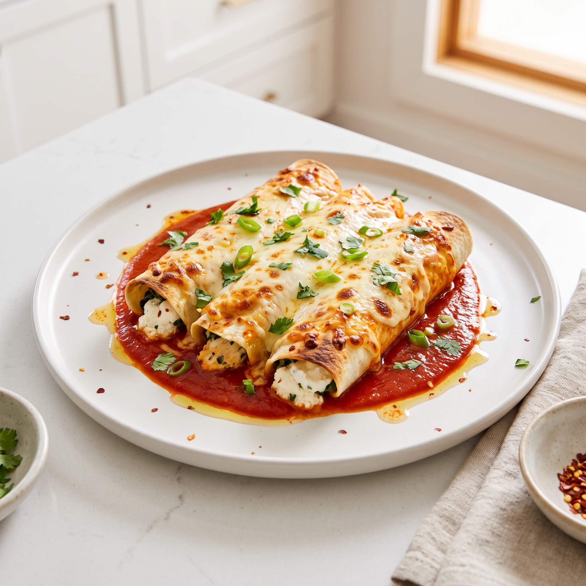 Chicken and Spinach Enchiladas with Creamy Cheeses