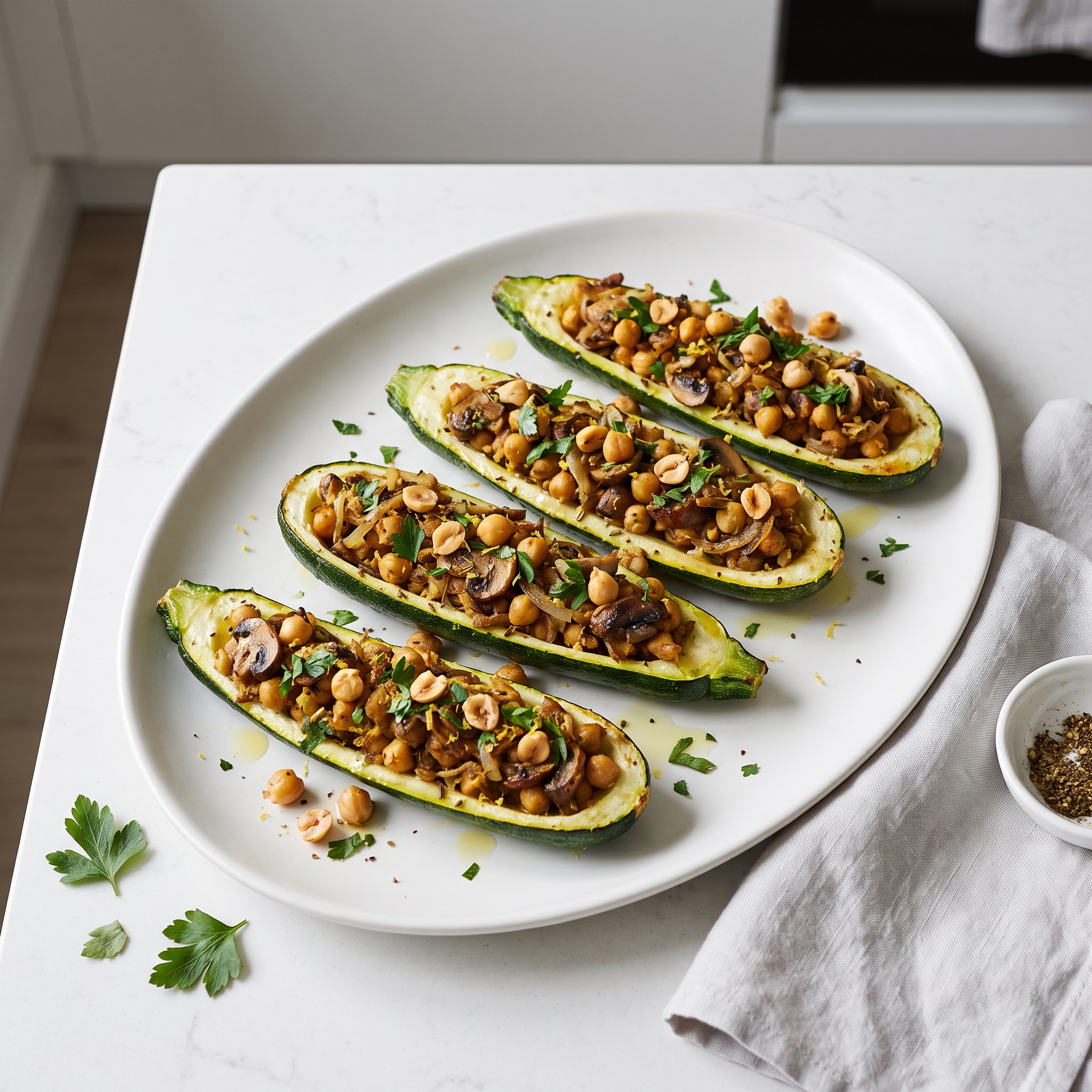 Chickpea-Loaded Mushroom-Stuffed Zucchini