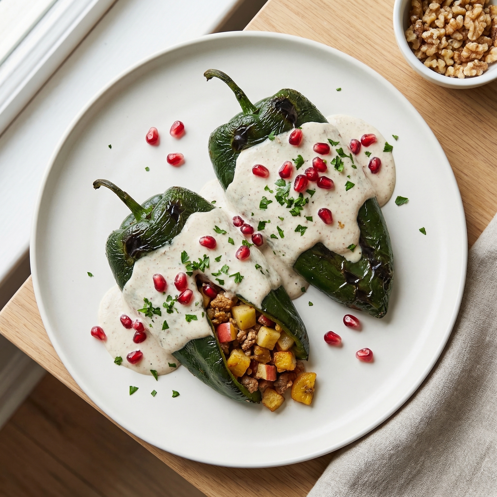 Chiles en Nogada (Poblano Peppers Stuffed with Pork and Walnut Nogada)